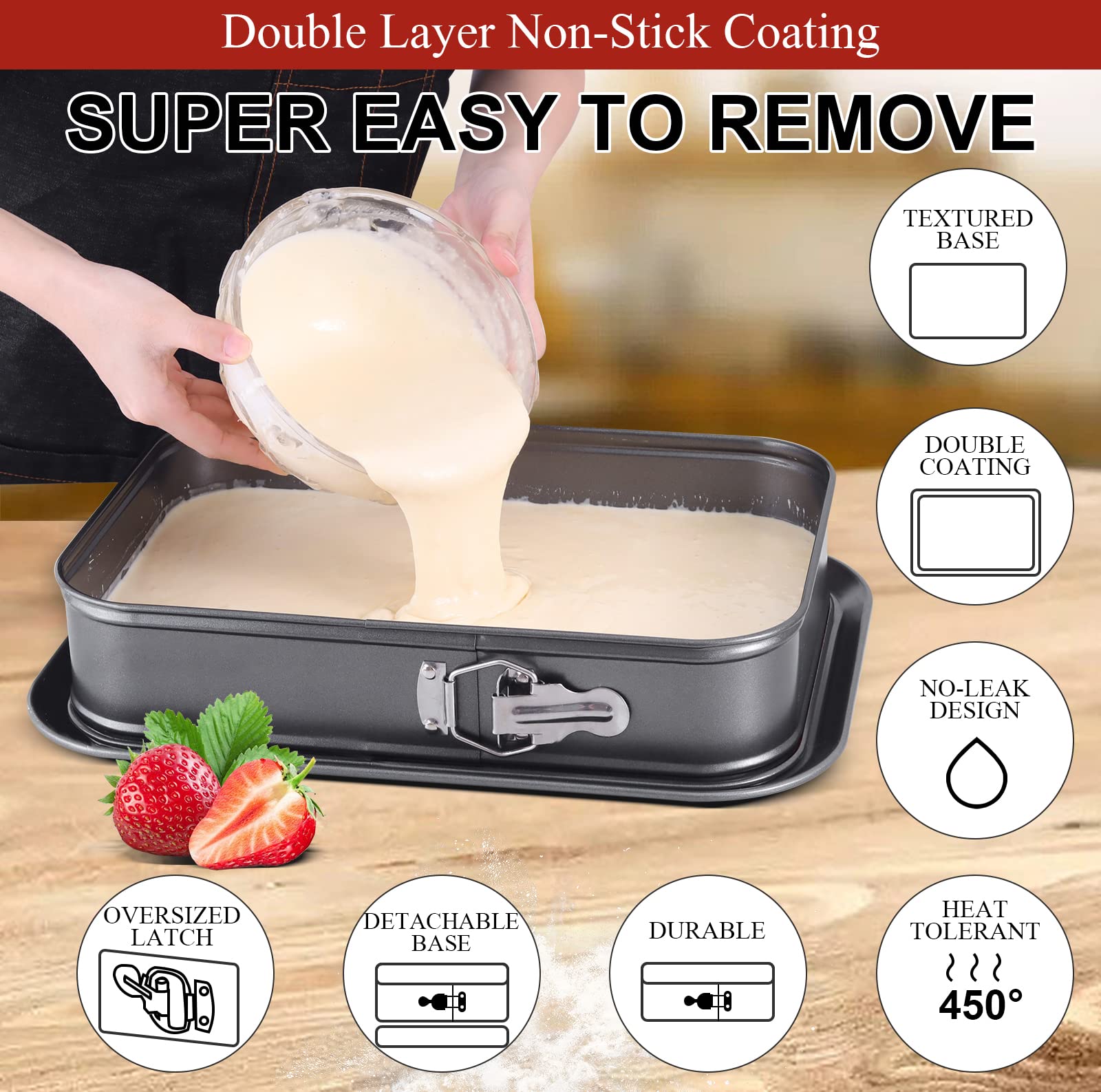 Kenond Large Springform Cake Pan, 14 X 11-Inch Rectangle Cheesecake Pan, Tiramisu Bakeware With 50Pcs Wax Paper, 3Pcs Spatula Se