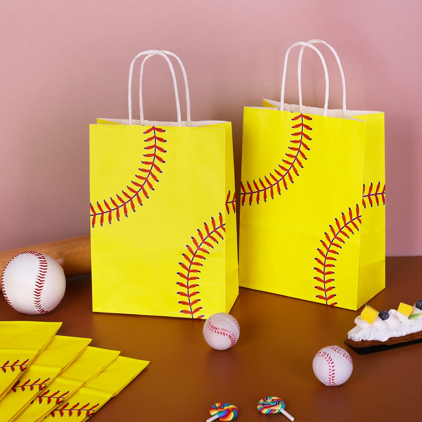 Durony 16 Pieces Softball Gift Bag Softball Print Paper Bags Goodie Favor Bags For Softball Party Decorations Supplies