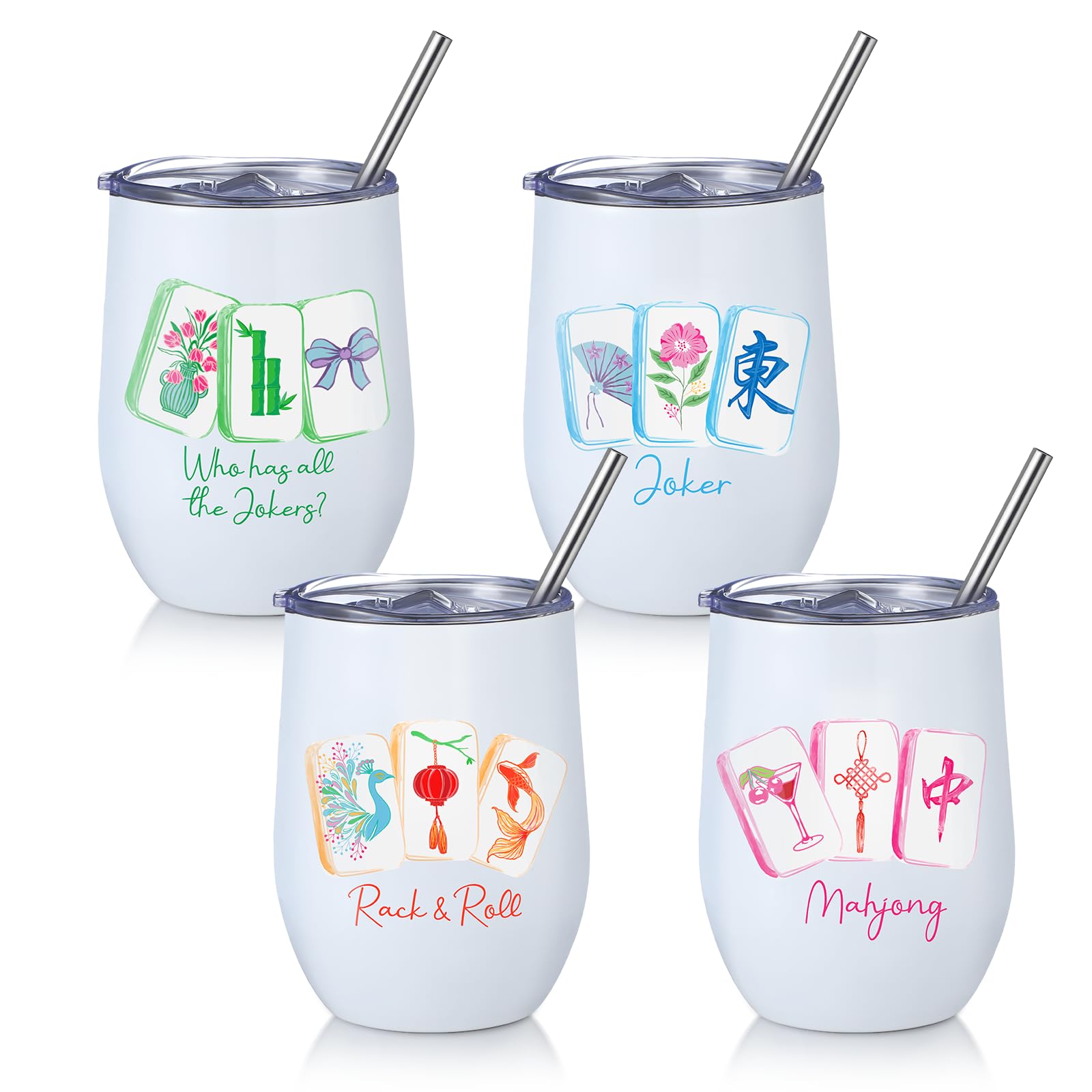 Patelai 4 Pcs Mahjong Tumbler with Lid Straw, Insulated,Elegant