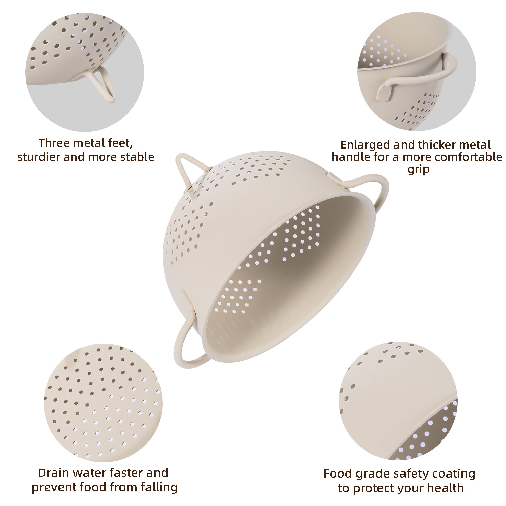 Metal Colander 5 Quart Powder Coated Self-Draining Metal Strainer With Base,Kitchen Pasta Fruit Vegetable Basket With Double Han