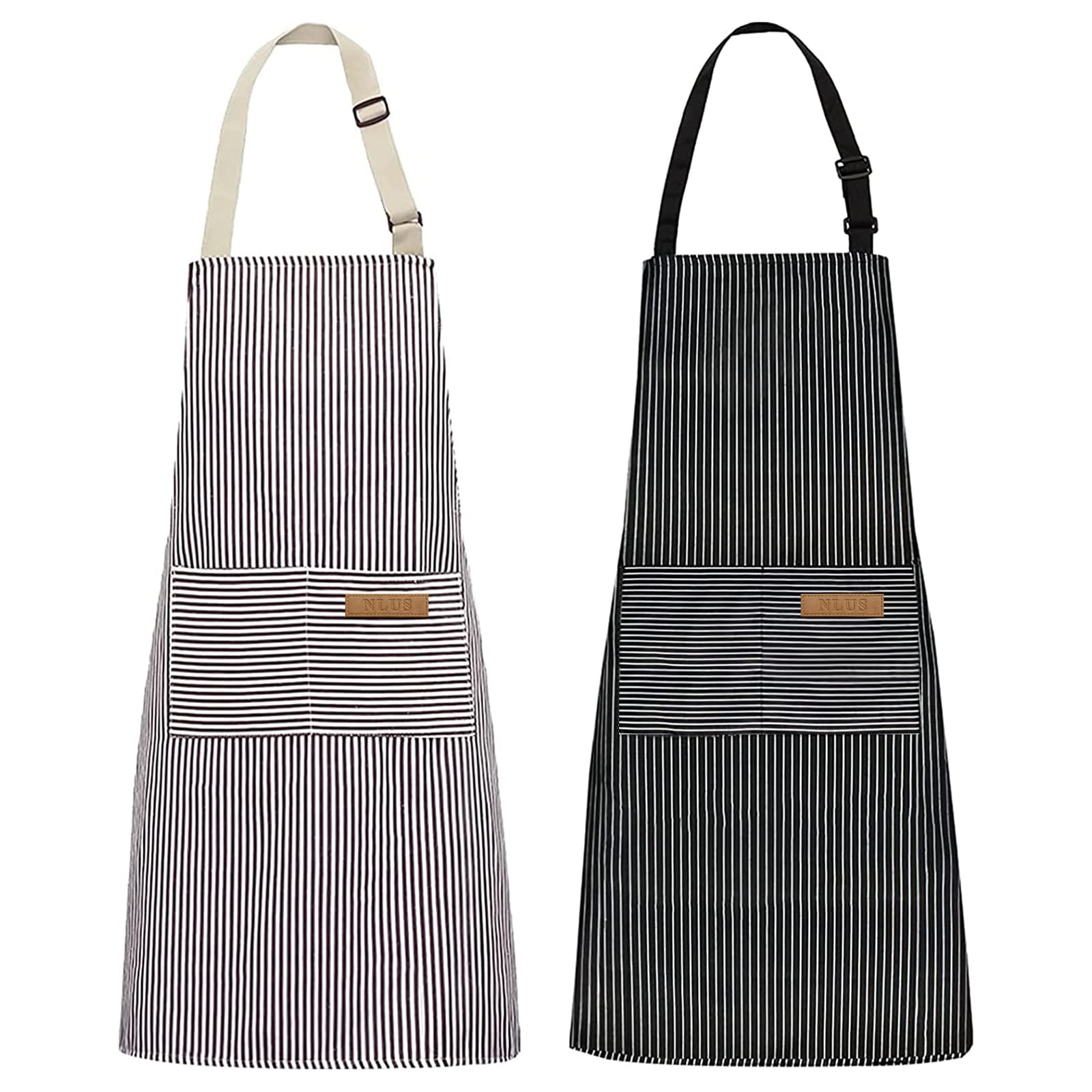Nlus 2 Pack Kitchen Cooking Aprons, Adjustable Bib Soft Chef Apron With 2 Pockets For Men Women (Brown/Dark Black Strips)