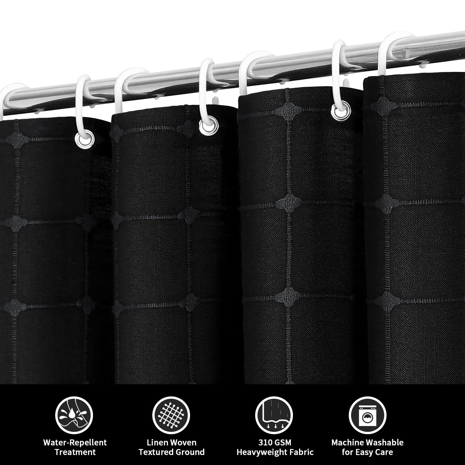 Mitovilla Black Boho Shower Curtains For Modern Bathroom Decor, Farmhouse Cotton Linen Fabric Cloth Shower Curtain With Tassel,