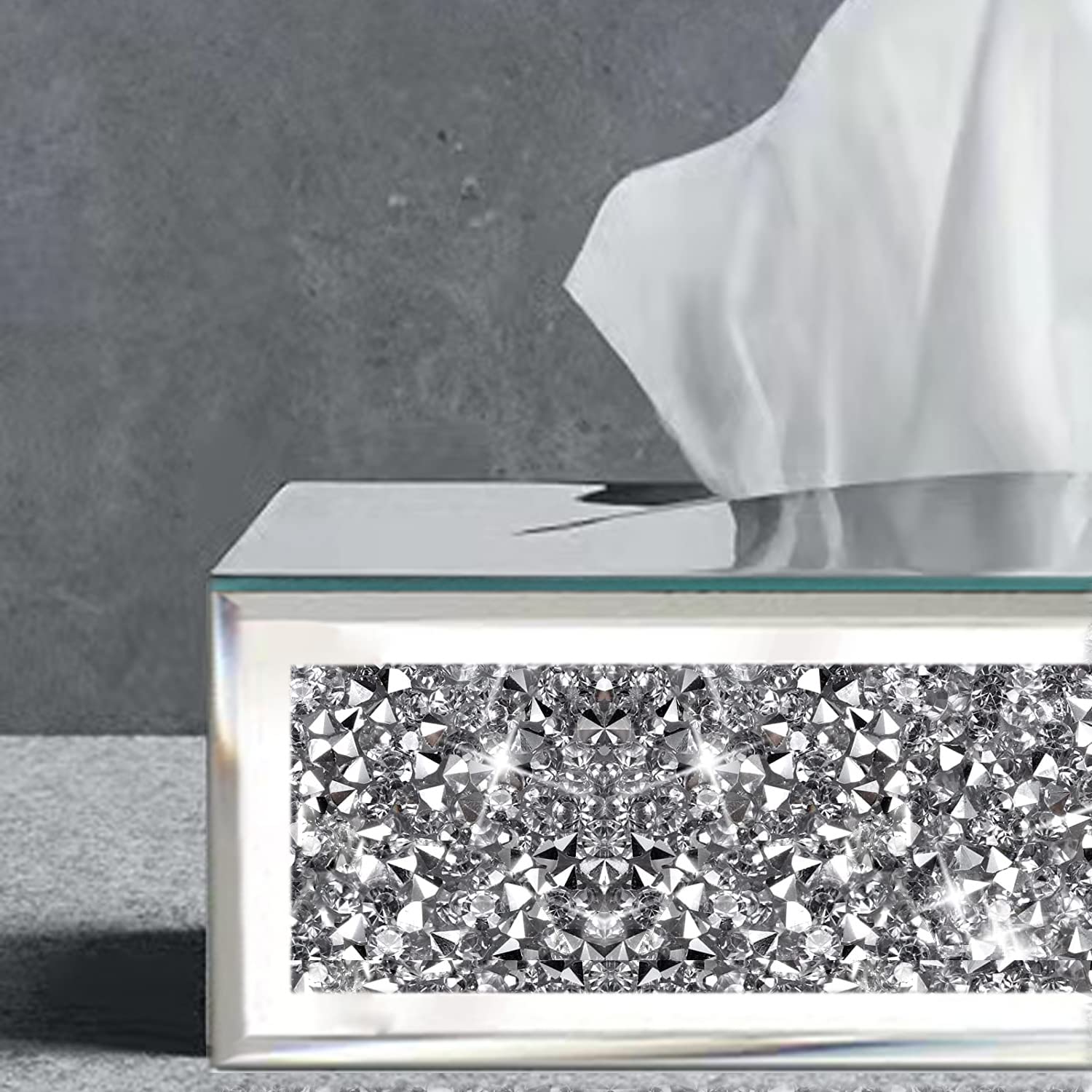 Wocred Rectangular Mirrored Tissue Box Cover,Crystal Crushed Diamond Tissue Box,Silver Luxury Tissue Holders For Either Tissues