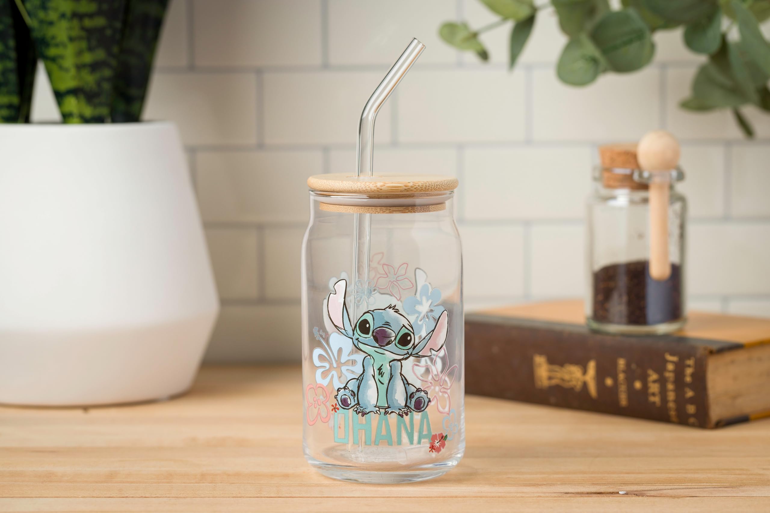Silver Buffalo Disney Lilo And Stitch Ohana Glass Tumbler With Bamboo Lid And Reusable Glass Straw Featuring Stitch Sitting, 16