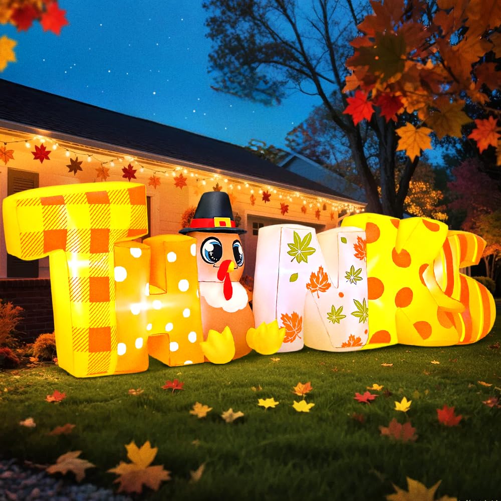 KOOY 8FT Thanksgiving Inflatables Decorations Blow Up Turkey with Thanks Letter Built-in LED Lights for Thanksgiving Festival Au