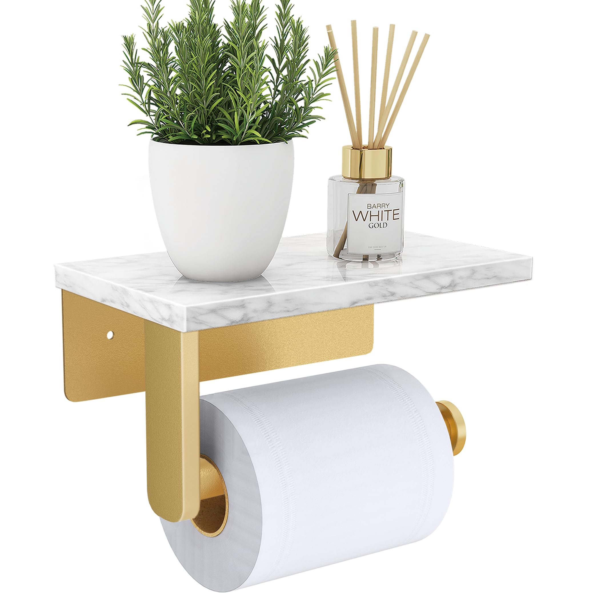 Brushed Gold Toilet Paper Holder with Natural Marble Shelf  304 Stainless Steel Screw Wall Mounted  Tissue Roll Paper Holder Dispenser for Bathroom Washroom