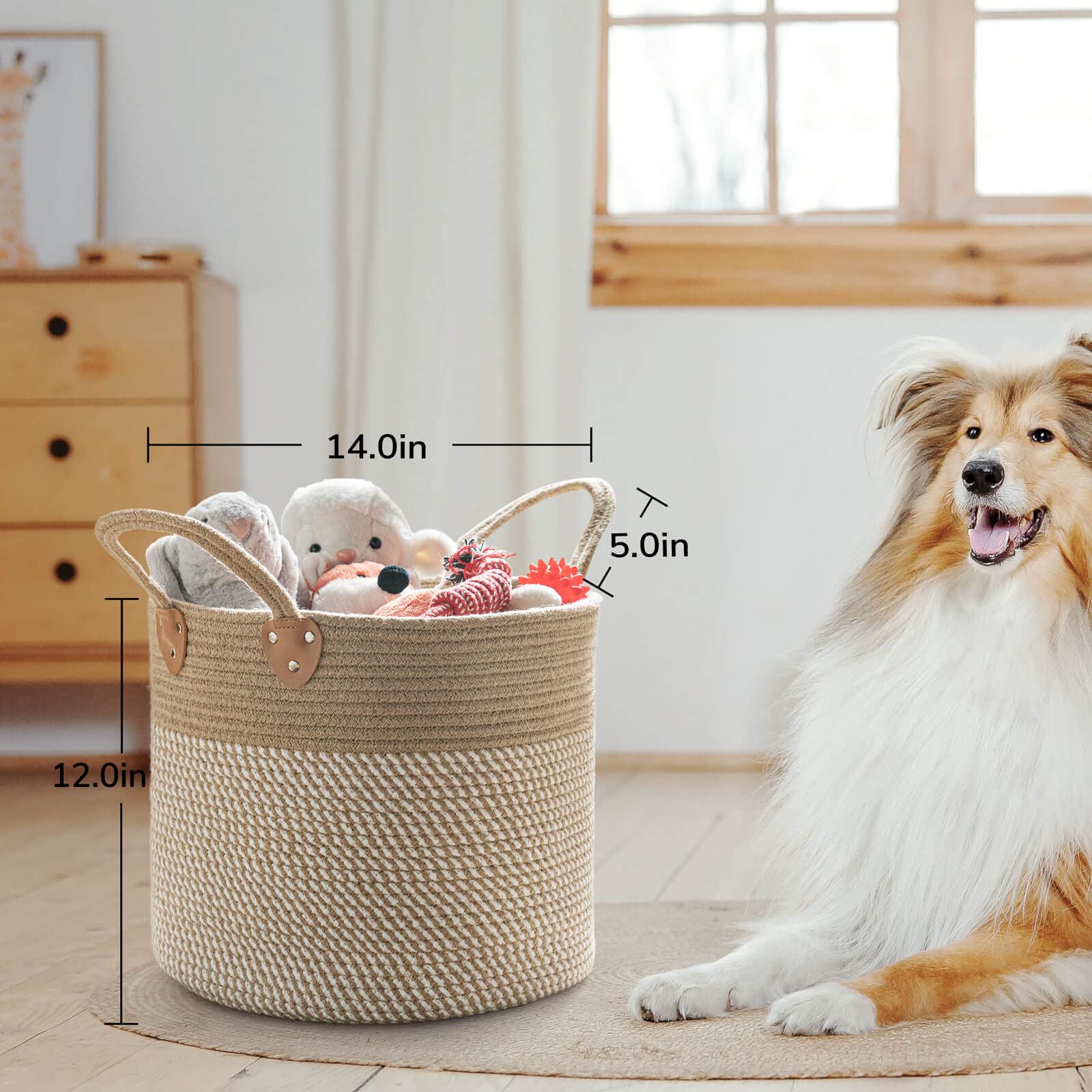 Chicvita Large Jute Basket Woven Storage Basket With Handles - Jute Laundry Basket Toy Towels Blanket Basket Home Decor, White,