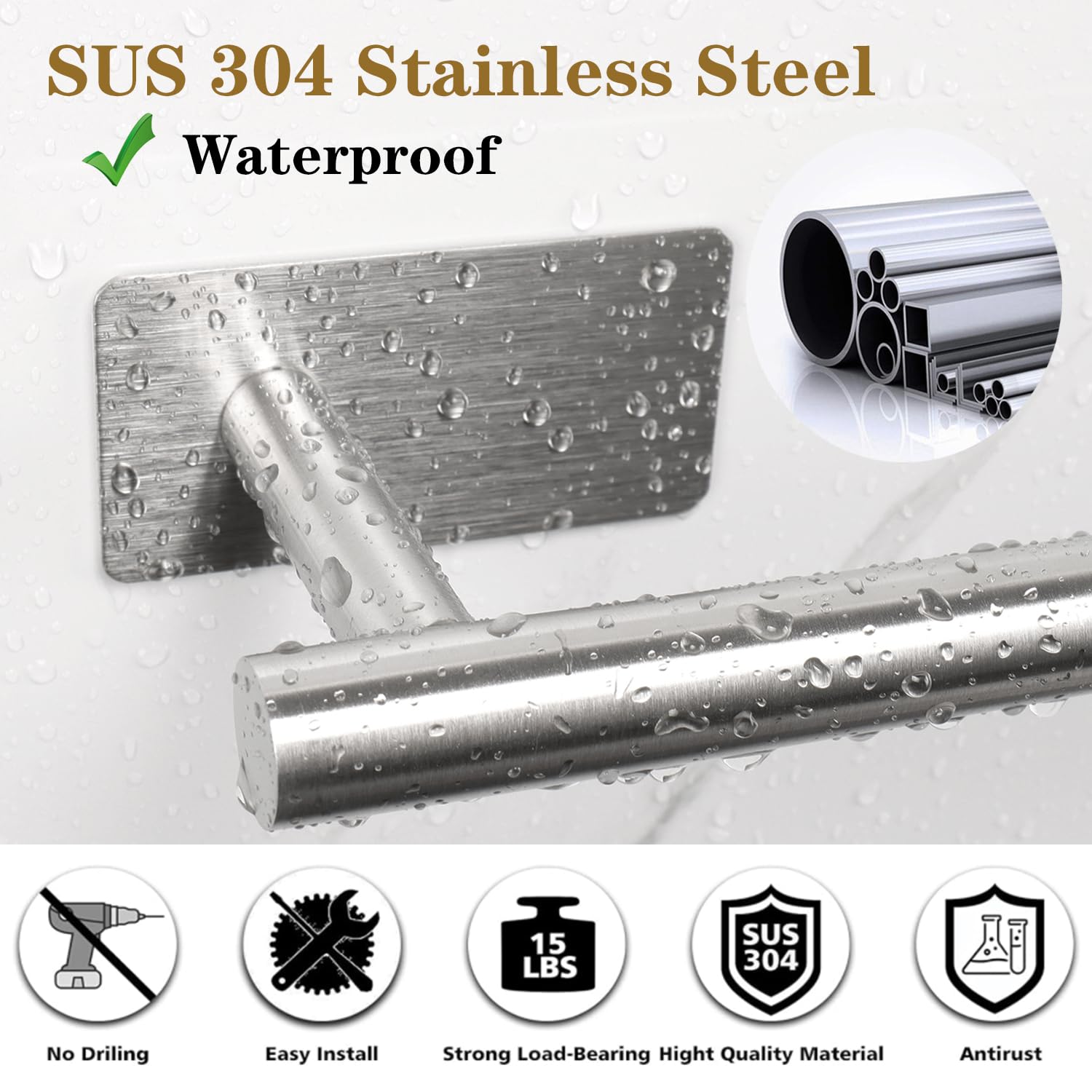 Vanloory Self Adhesive Bath Towel Bar, Stainless Steel Towel Racks For Bathroom Adjustable 16-24In No Drill Towel Holder Stick O