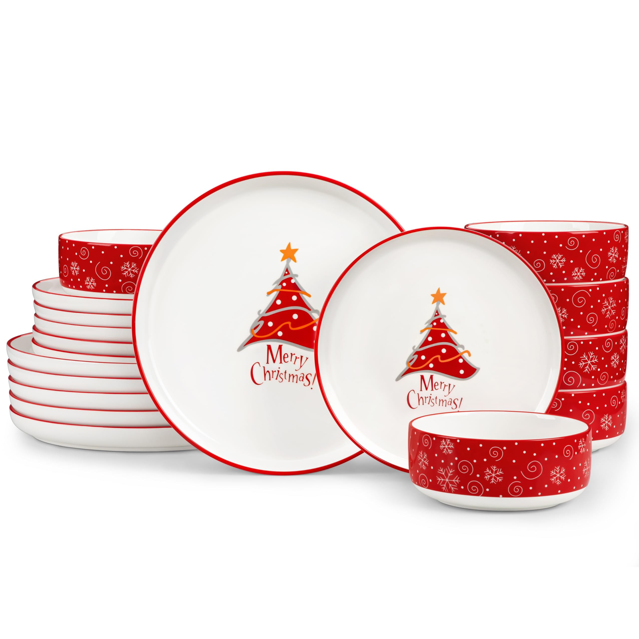 MALACASA Plates and Bowls Sets, 18 Pieces Christmas Porcelain Dinnerware Set for 6, Ceramic Dishware Dishes Kitchen Dining Ware 