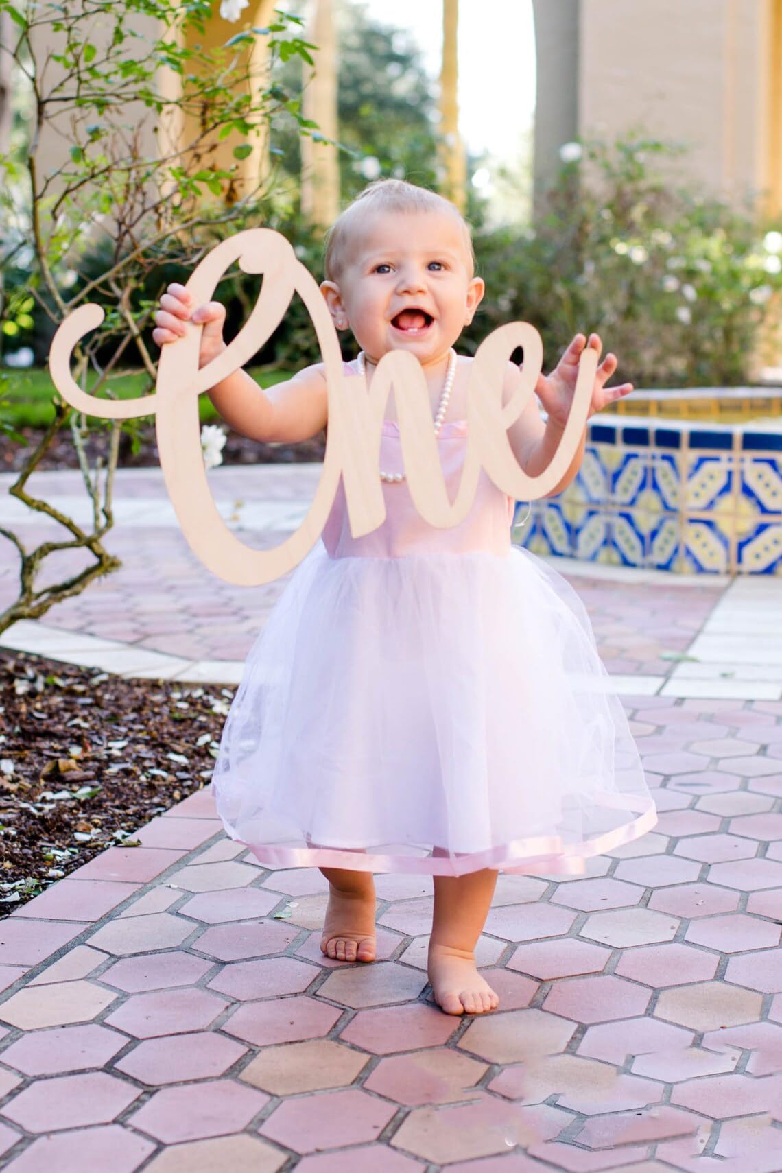 Curious Button 10 Inch Wooden One Letter Cutout  1st Birthday Party Decoration  Brown, Pink  Number Theme  Baby Photograph