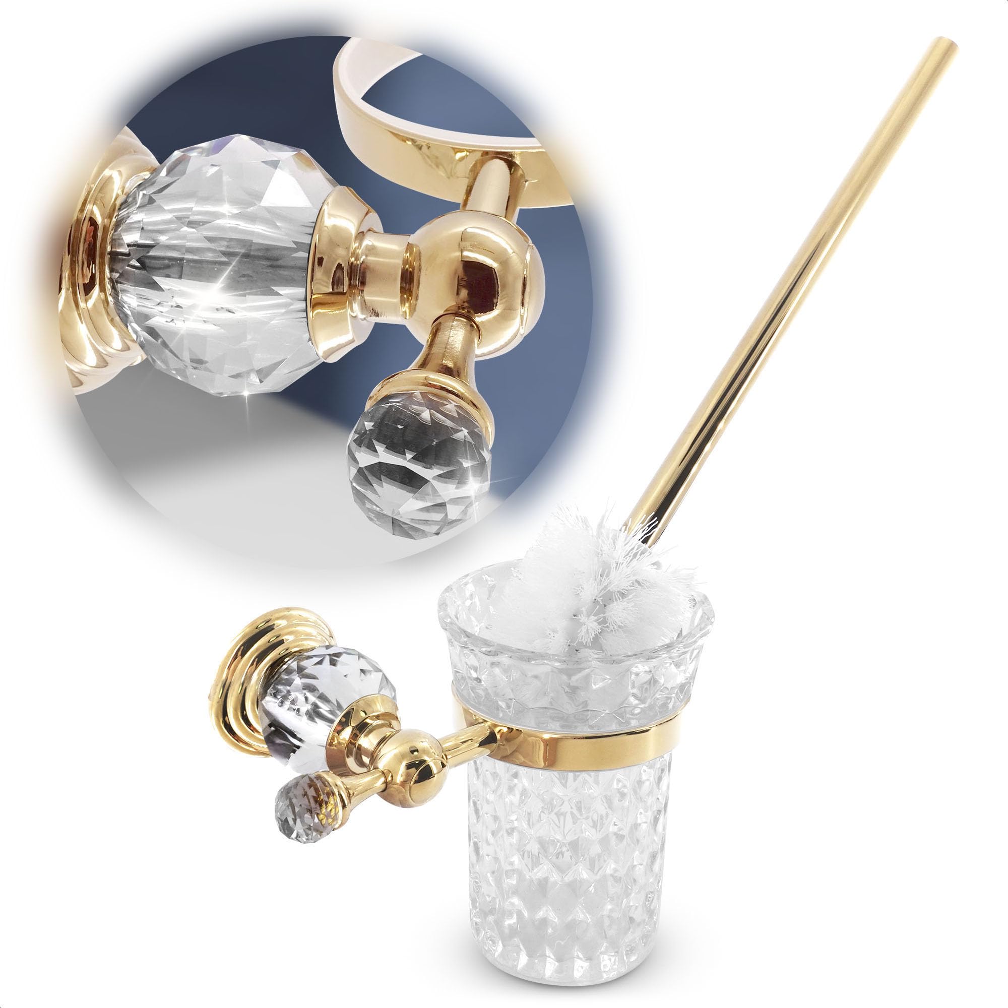 Gold Stainless Steel Toilet Brush with Crystal Toilet Brush Holder Set - Wall Mounted Holder, Replaceable Head, Decorative Space