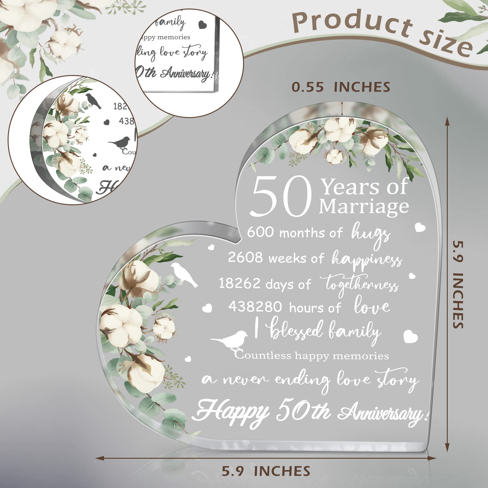 Yulejo Wedding Gift for Her: 50th Anniversary Keepsake Acrylic Heart Decor (White, 15.1 x 15.1 x 1.4 cm / 5.9 x 5.9 x 0.55 inche