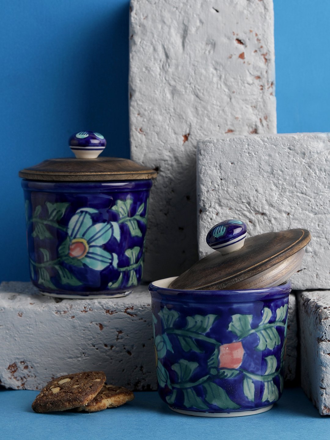 Miah Decor Handcrafted Ceramic Stoneware Jars Set Of 2 (Md135), Multicolor Handpainted Dinning Set 350Ml Each, Microwave Safe, 