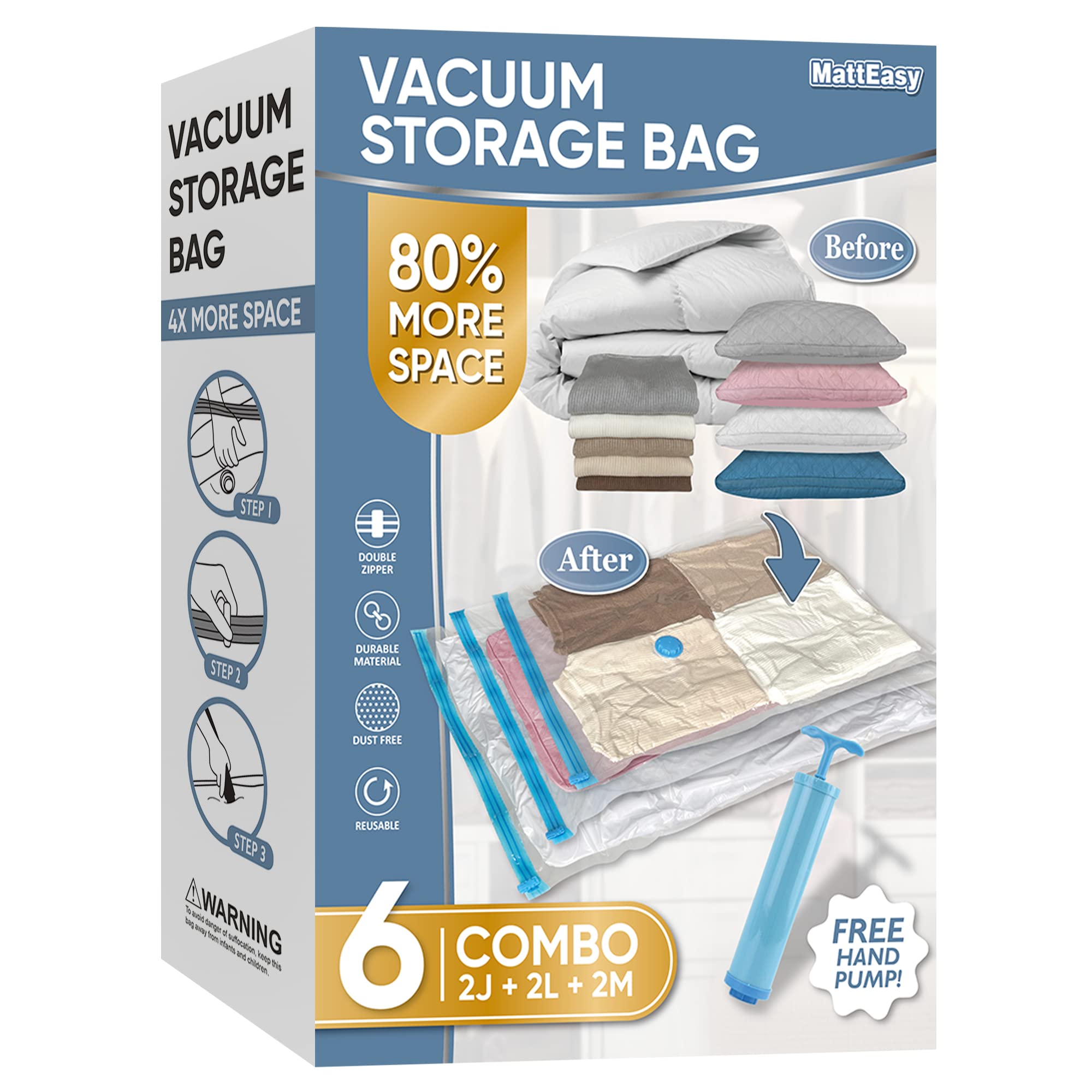 Matteasy Space Saver Vacuum Storage Bags, 6 Pack Combo (2 Jumbo/2 Large/2 Medium) Space Saver Bags With Pump, Storage Vacuum Sea