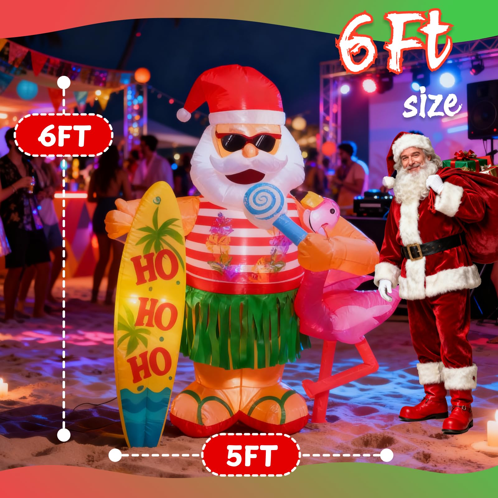 ZOOMATOOE 6FT Christmas Inflatable Hawaiian Santa Claus with Flamingo and Surfboard Outdoor Decoration, Tropical Blow up with Bu
