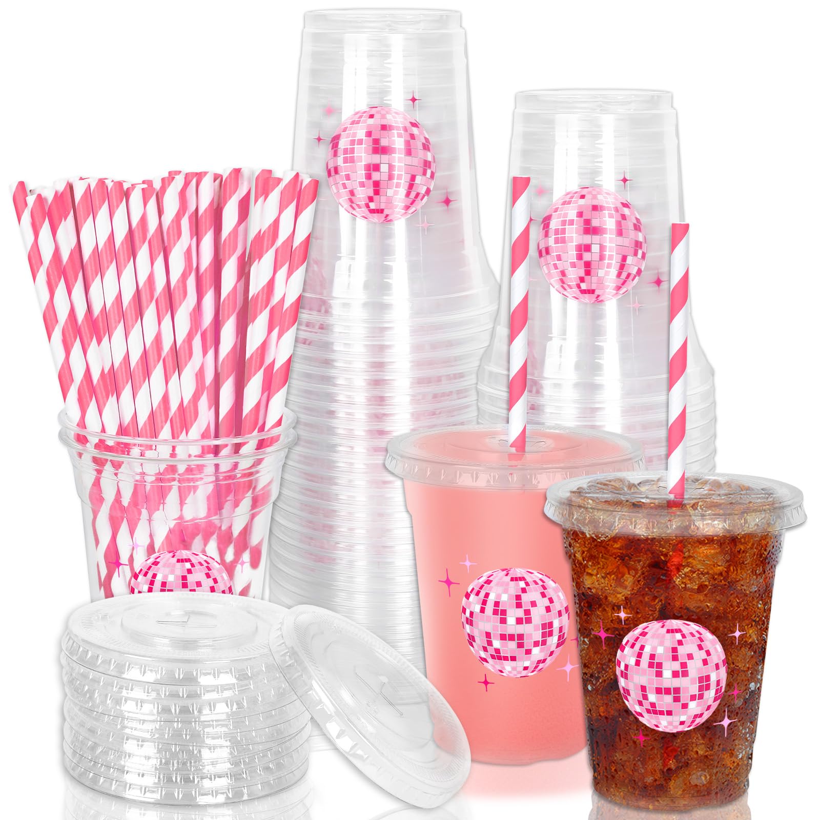 Whaline 50 Pcs Pink Disco Disposable Plastic Cups with Lids and Straws 12 Oz Preppy Retro Disco Ball Cold Beverage Drinking Cups