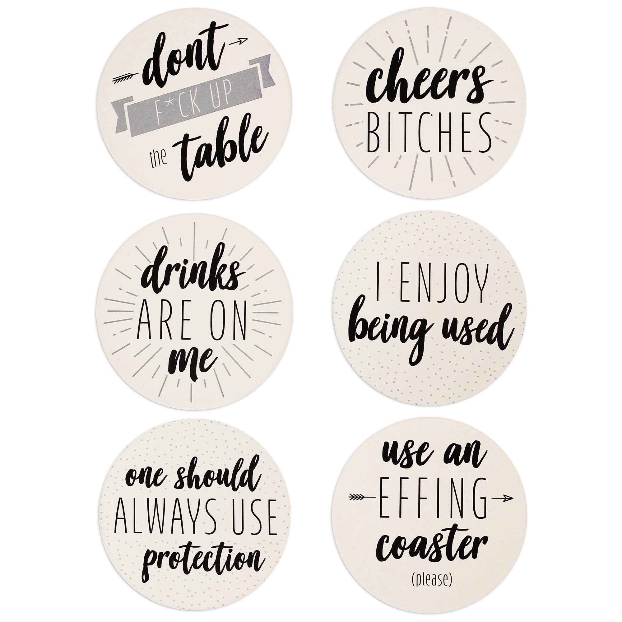 Lotfancy Funny Coasters For Drinks Absorbent With Holder, 6Pcs Ceramic Coasters With Cork Base, Round Coasters With 6 Sayings, N
