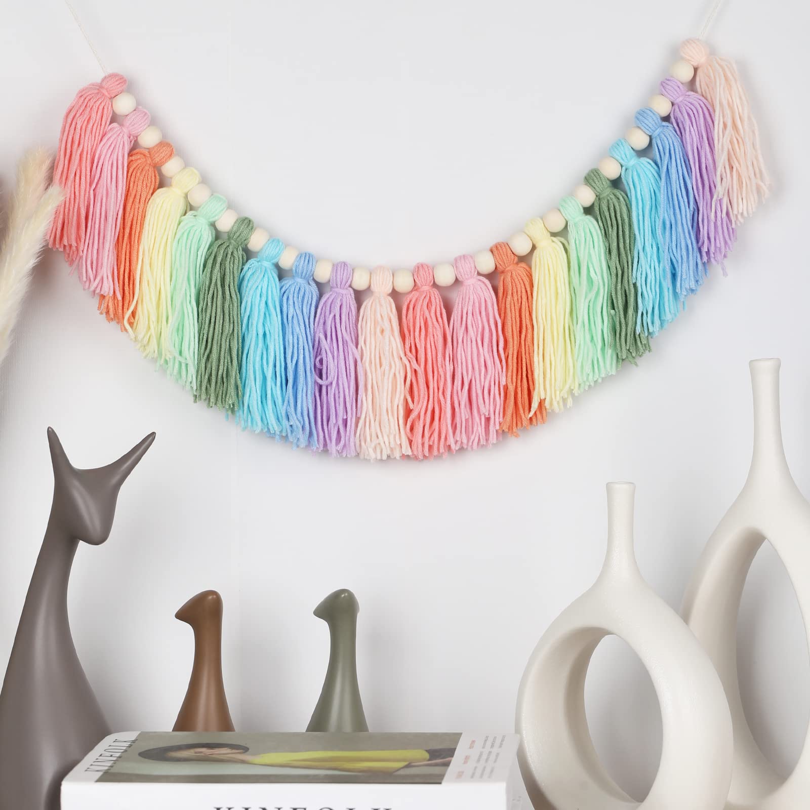 Pastel Rainbow Tassel Garland - Boho Tassel Garland with Wood Beads - Wall Decor for Dorm, Girls Room and Nursery Room for Home