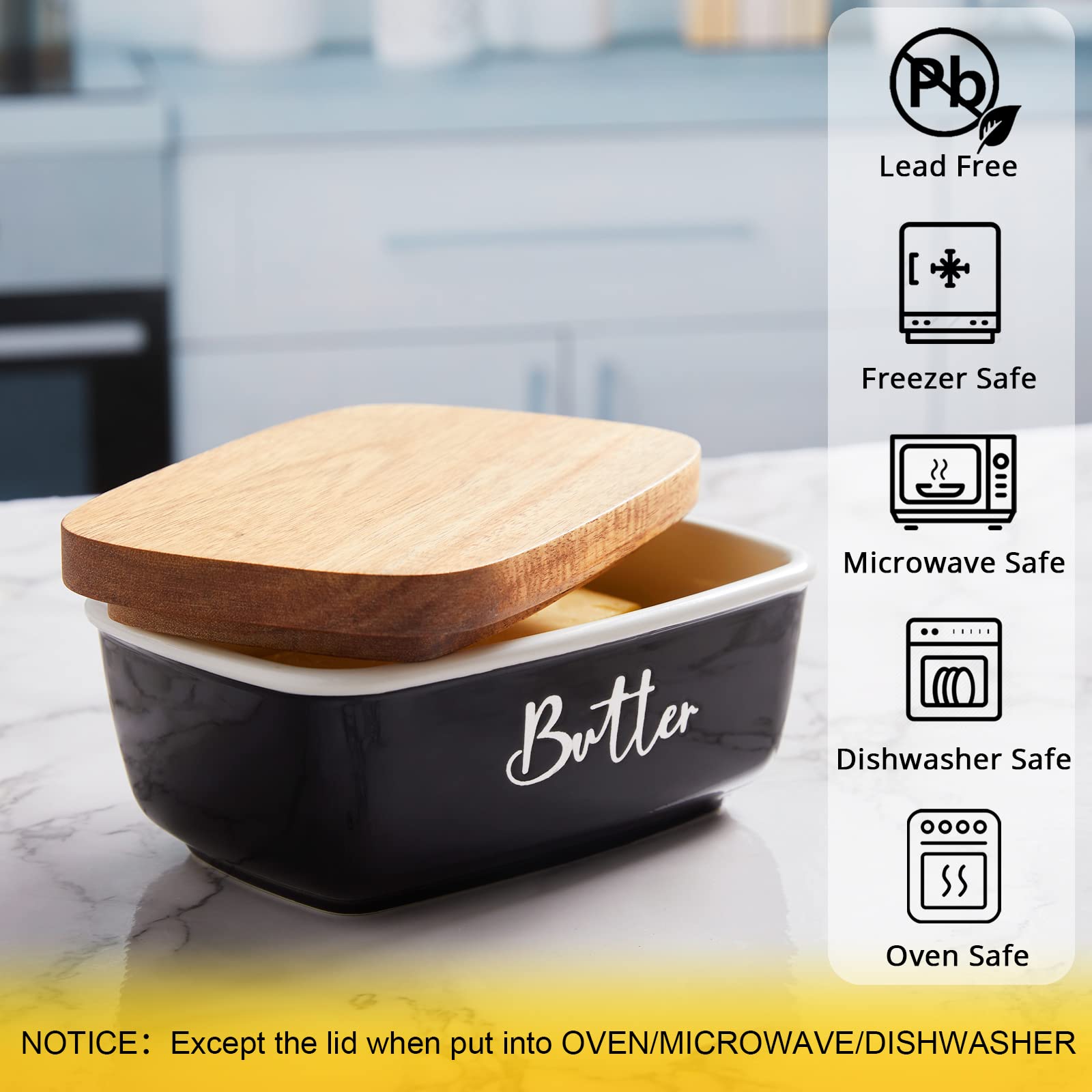 Black Butter Dish, Alelion Large Ceramic Butter Dish With Lid For Countertop, Butter Keeper Container With Acacia Wooden Lid, Ki