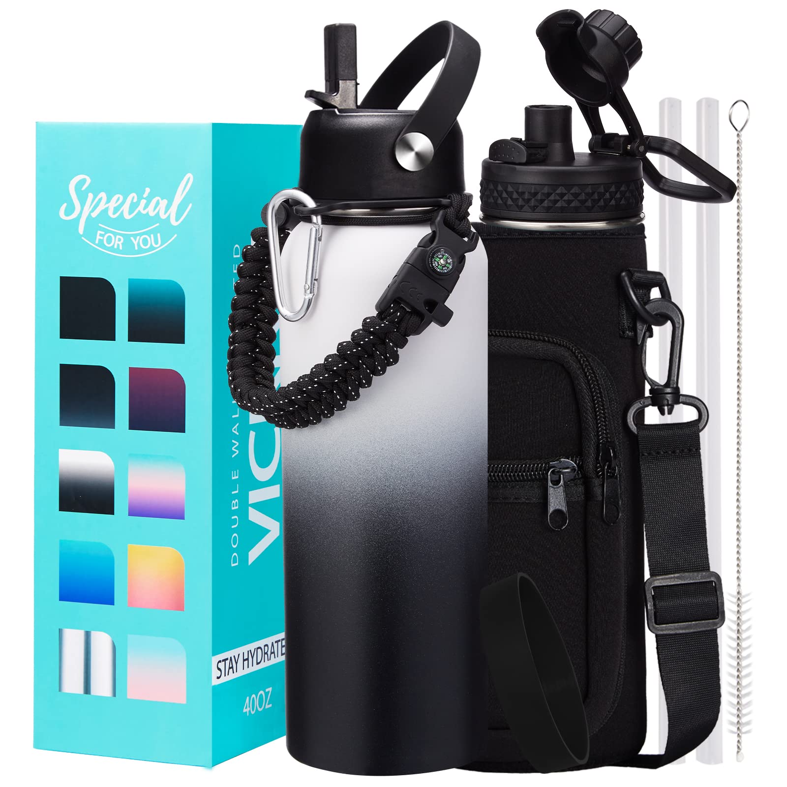 VICKNIY Insulated Water Bottle 40OZ - Cold-48h Hot-24h, Sweat-Proof, Large Stainless Water Bottle with Paracord Handle, Straw Sp