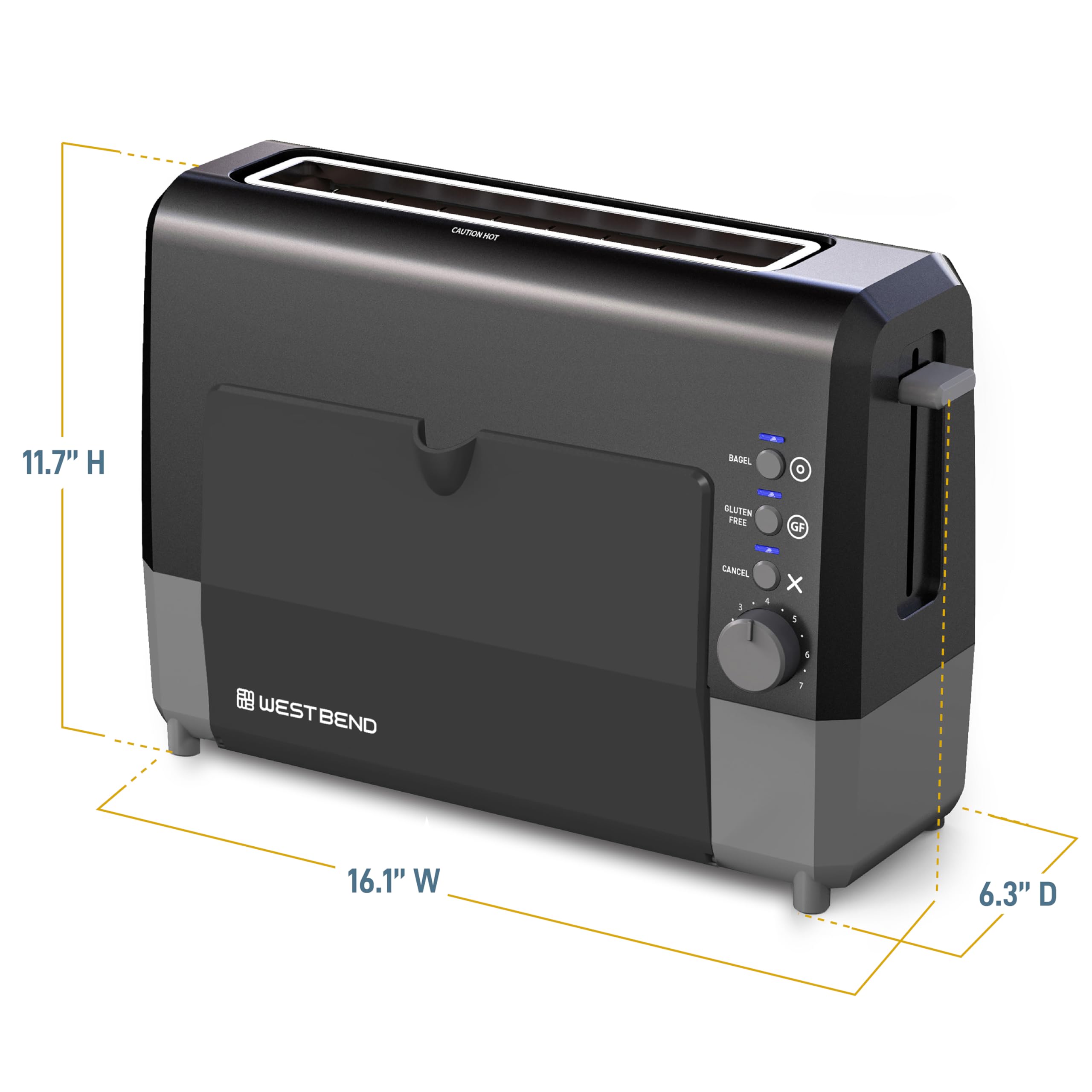 West Bend QuikServe Toaster 2-Slice, Black, Bagel & Gluten-Free Settings, 1400-Watts, Cool-Touch Exterior, Model 77224