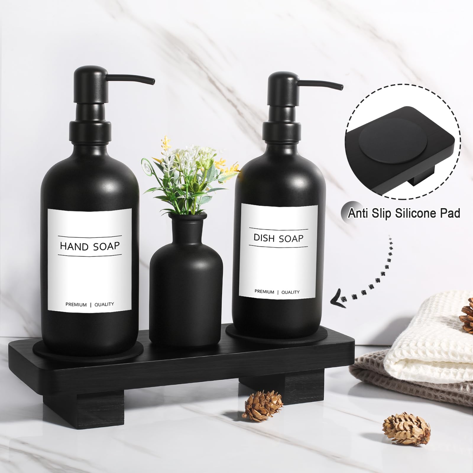 Dish Soap Dispenser For Kitchen, Black Hand Soap Dispenser With Stainless Steel Pump, Kitchen Soap Dispenser Set With Wood Riser