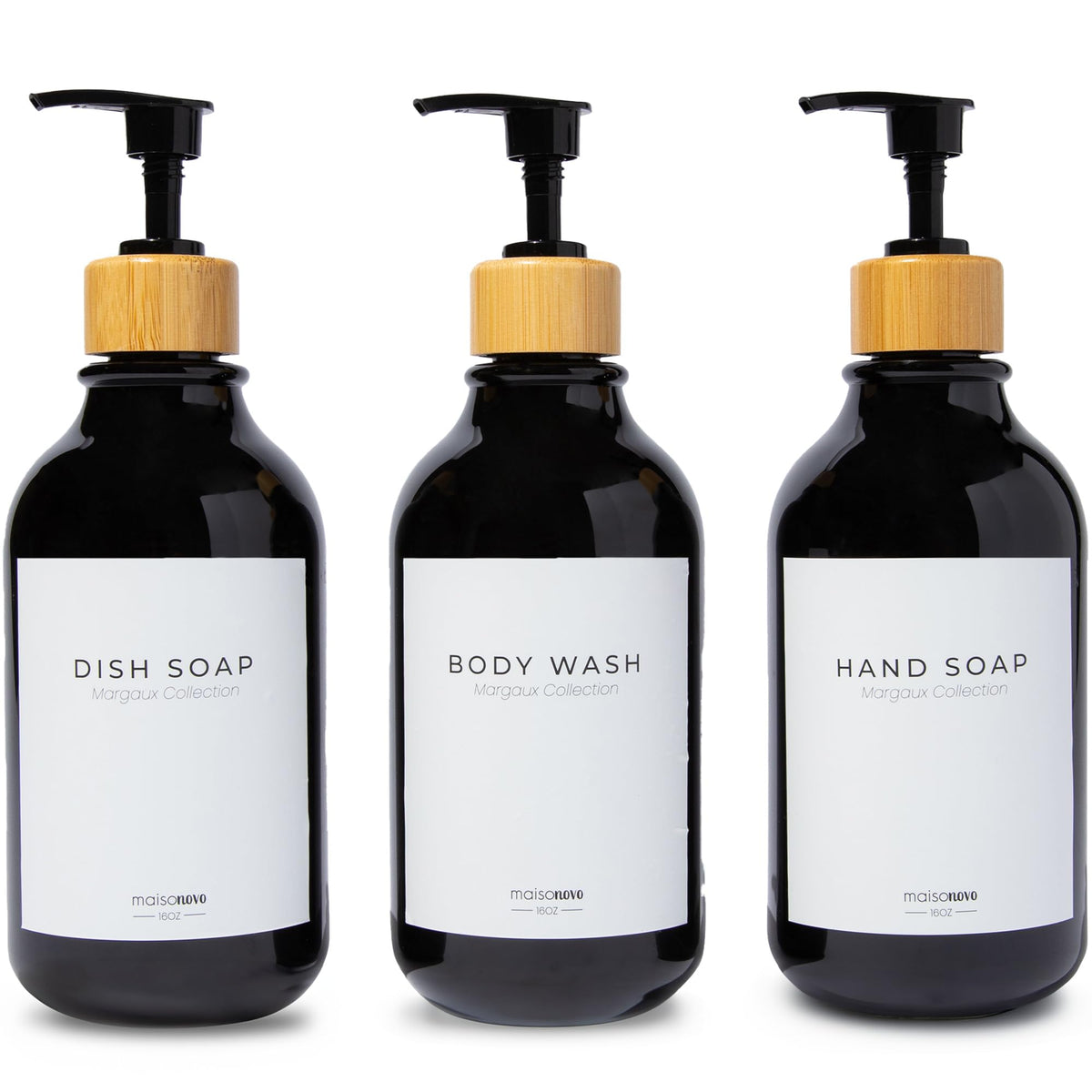 Maisonovo Refillable Shampoo And Conditioner Bottles | 16.9 Fl Oz Set Of 3 Black Plastic Bottles Black Bamboo Pumps