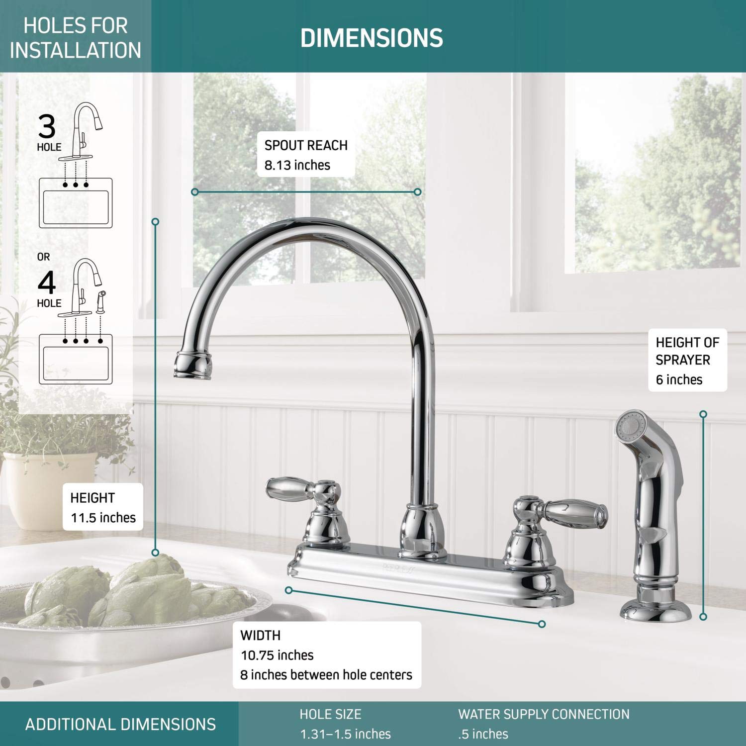 Peerless Claymore 2-Handle Kitchen Sink Faucet With Side Sprayer, Chrome P299575Lf