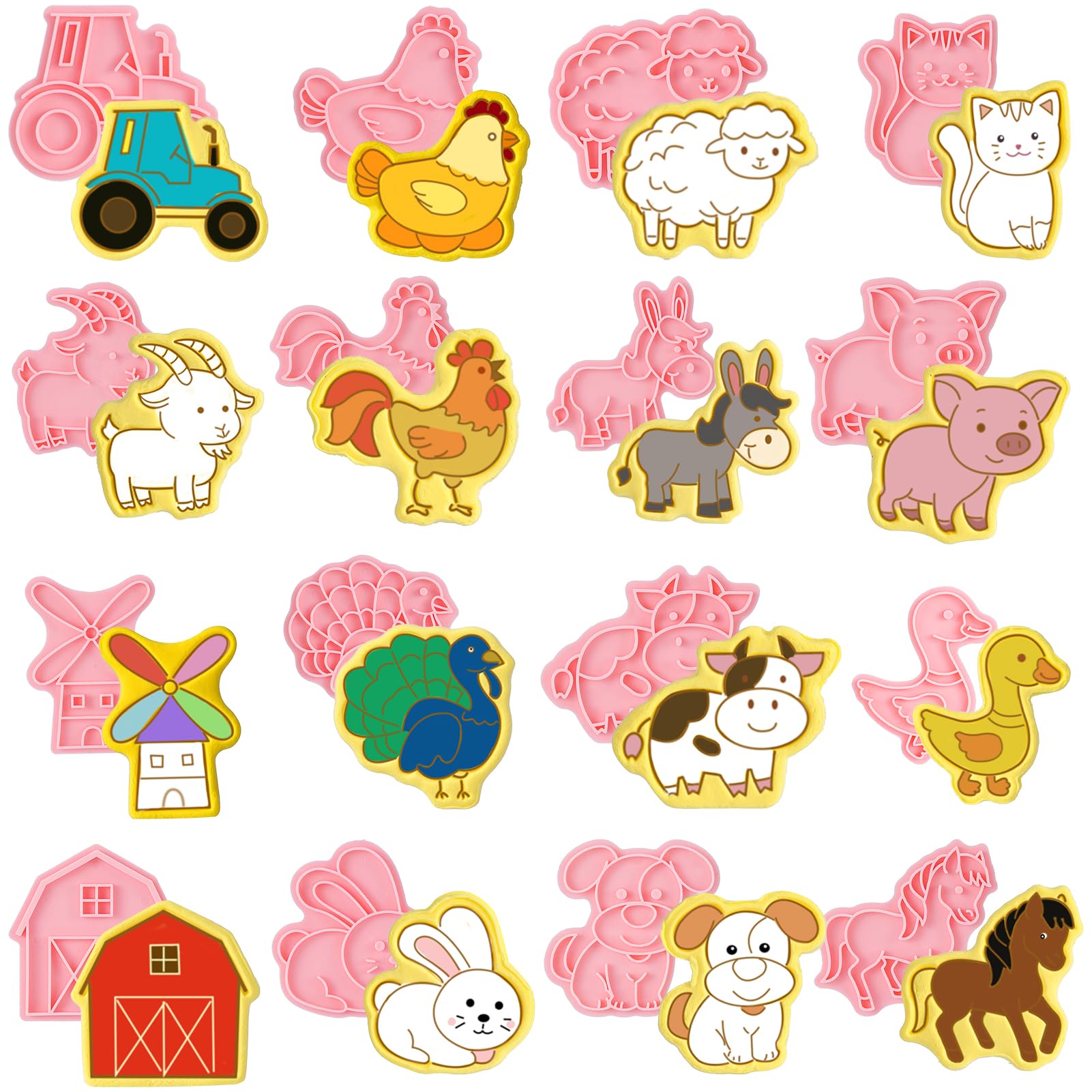 16 Pcs Farm Animal Cookie Cutters with Plunger Stamps Set, Farm Animal theme Fun Cookie Mold, 3D Animal Shape Cookie Cutters, An