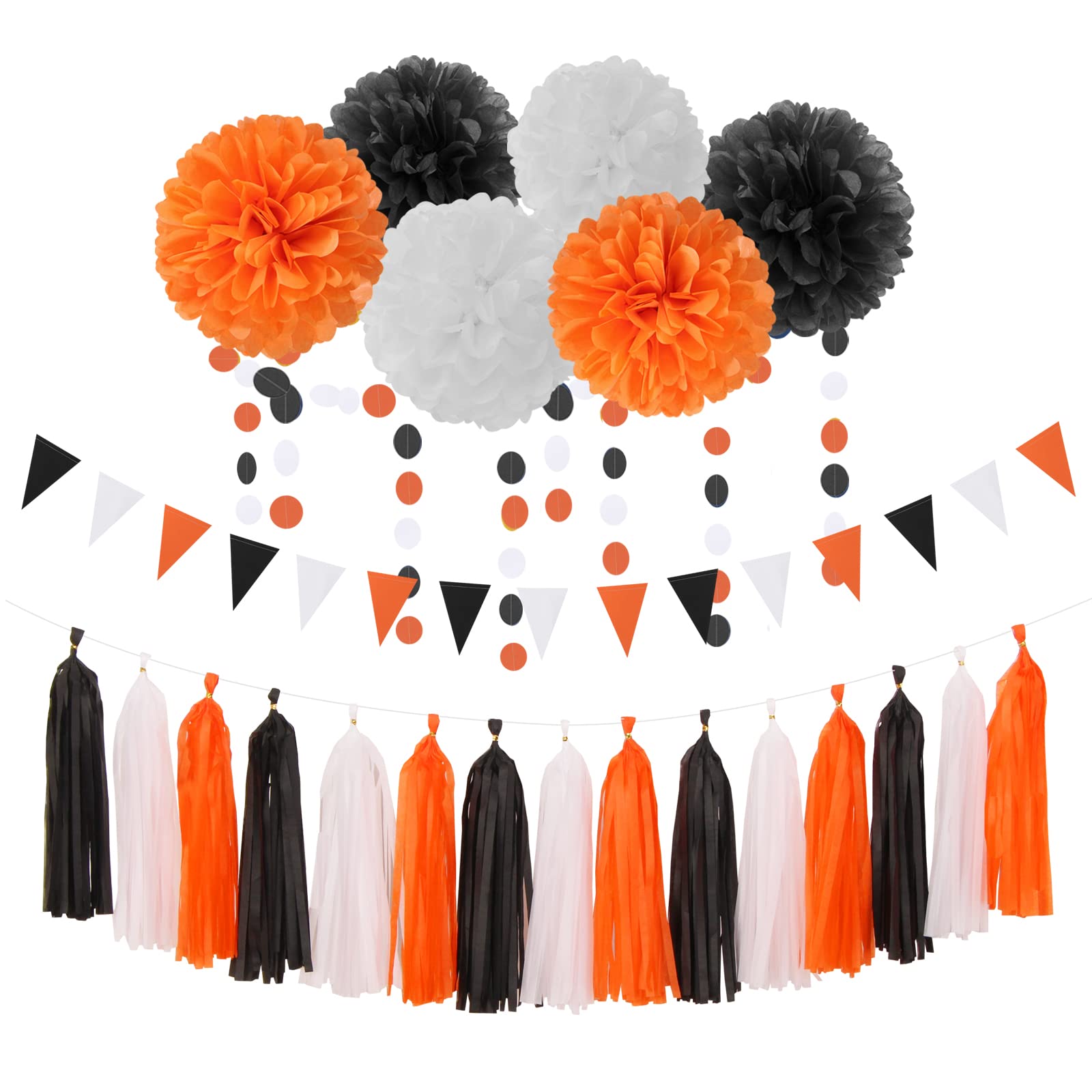 Black White Orange Halloween Party-Decorations - 23Pcs Tissue Pom Poms Streamers,Tassel Garland Banner,Graduation 2023 Birthday