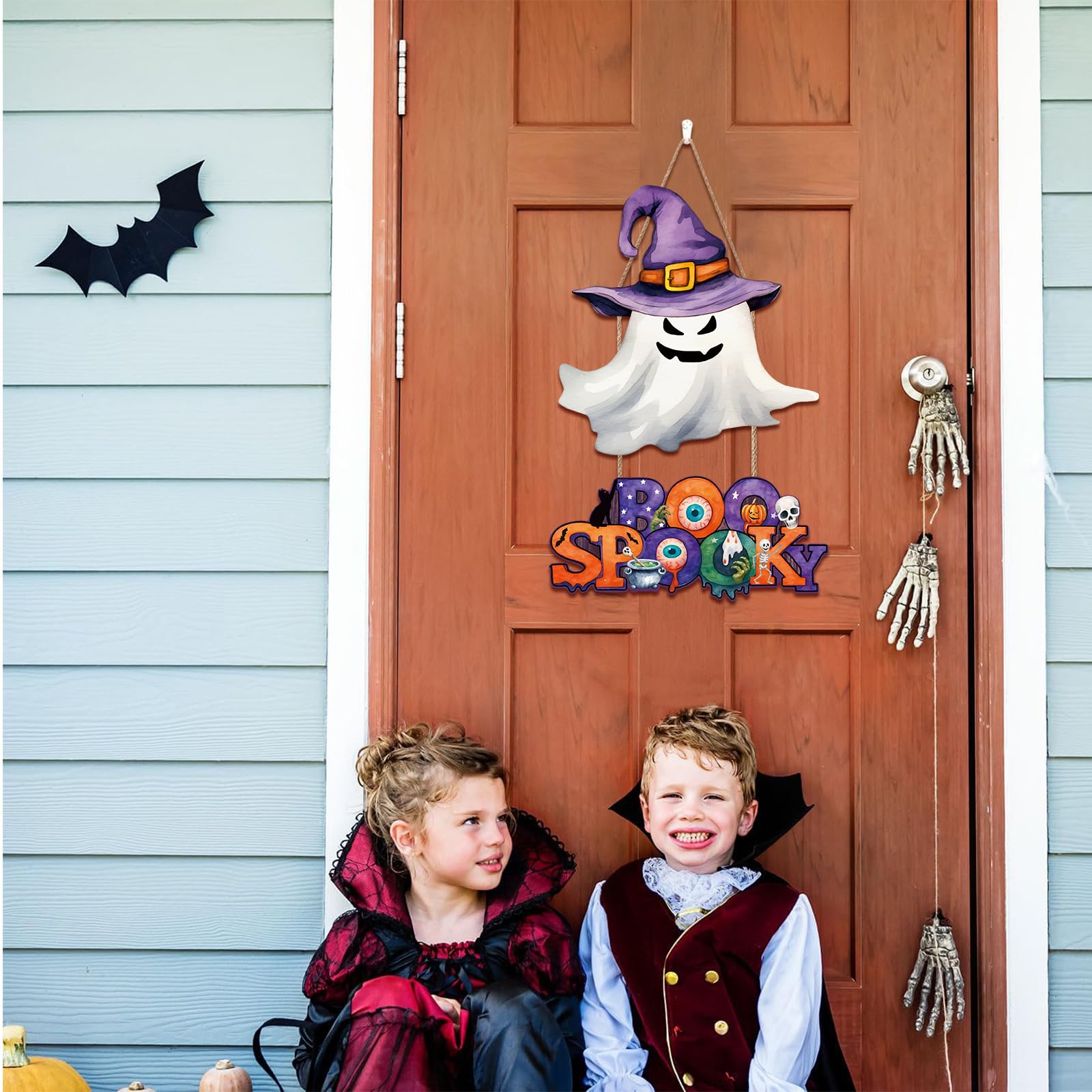 Ausril Happy Halloween Sign,Ghost Door Sign,Spooky Halloween Door Decoration, Boo Ghost Wreath,Black Cat Skull Wall Decor,Scary