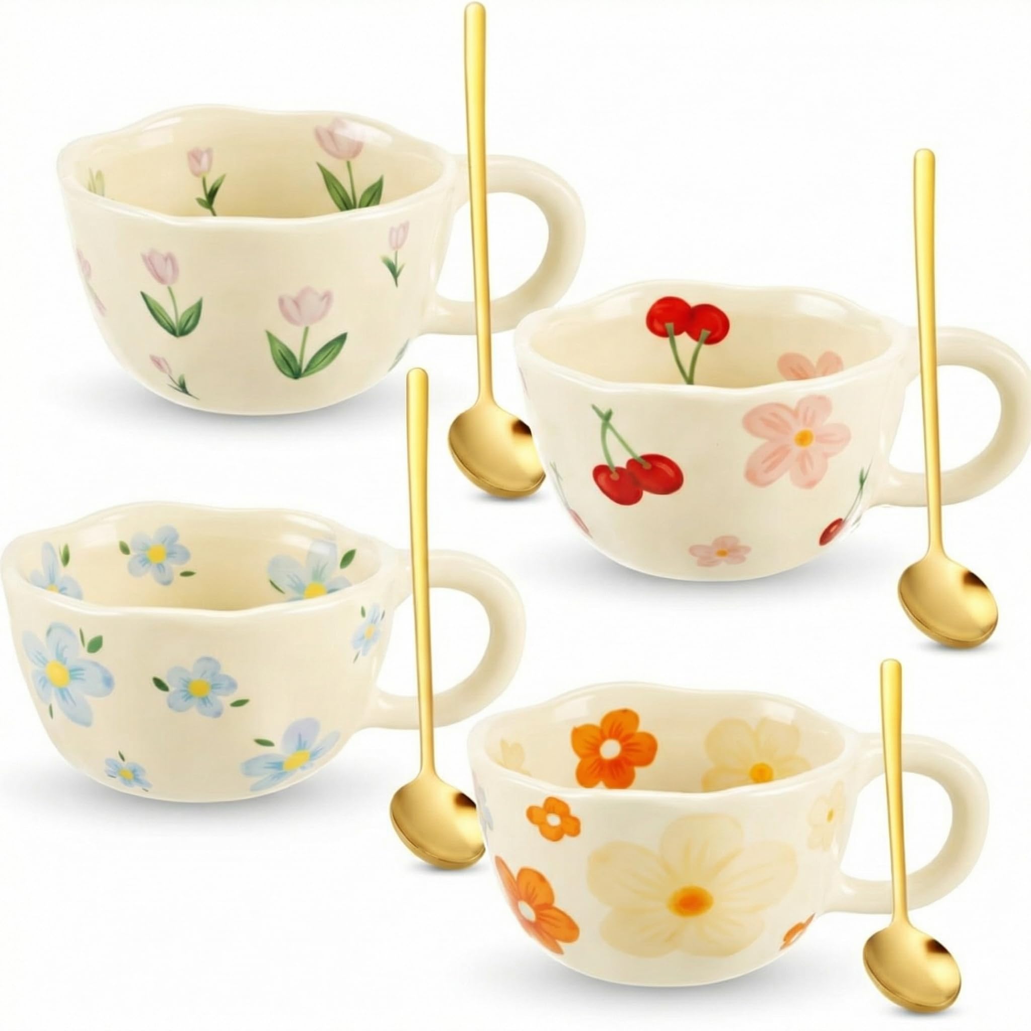 Vesici 4 Pack Ceramic Flower Coffee Mug with Spoon 8.5 oz Cute Tea Cup