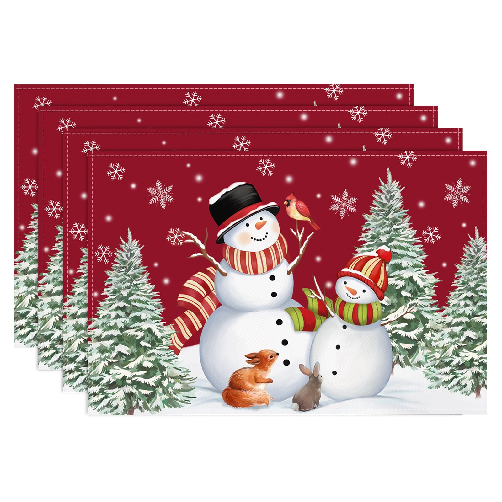 Bonhause Christmas Red Snowman Placemats Set Of 4, 12X18 Inch Winter Snow And Xmas Trees Kitchen Dinning Table Mats Washable Pla