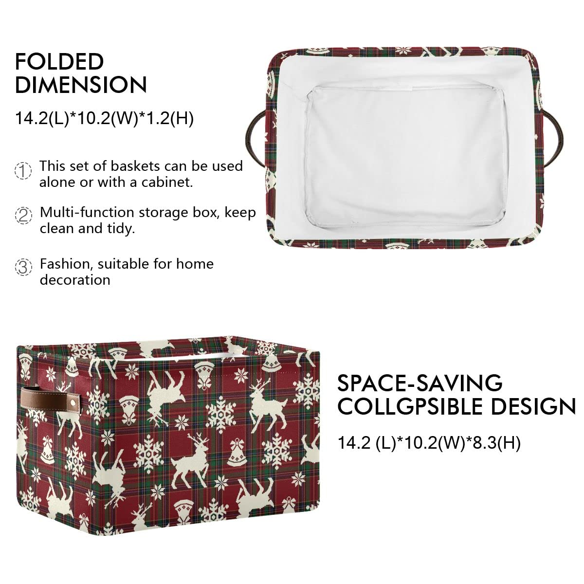Christmas Bells Reindeer Storage Basket Fabric Laundry Baskets Winter Snowflake Xmas Red Green Buffalo Plaid Storage Boxes Organ