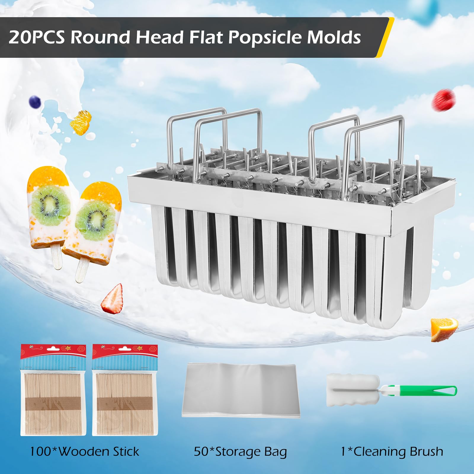 Dyna-Living Commercial Popsicle Molds 20Pcs Round Heads Without Slot Stainless Steel Popsicle Molds Metal Ice Cream Popsicle Mol