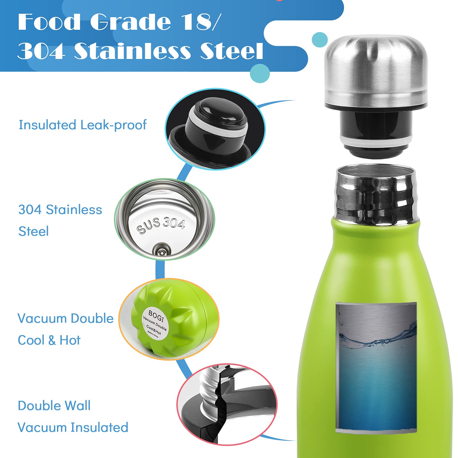 BOgI 17oz Insulated Water Bottle Double Wall Vacuum Stainless Steel Water Bottles  Leak Proof Metal Sports Water Bottle Keeps Drink Hot and cold - Perfect for Outdoor Sports camping Biking (green)