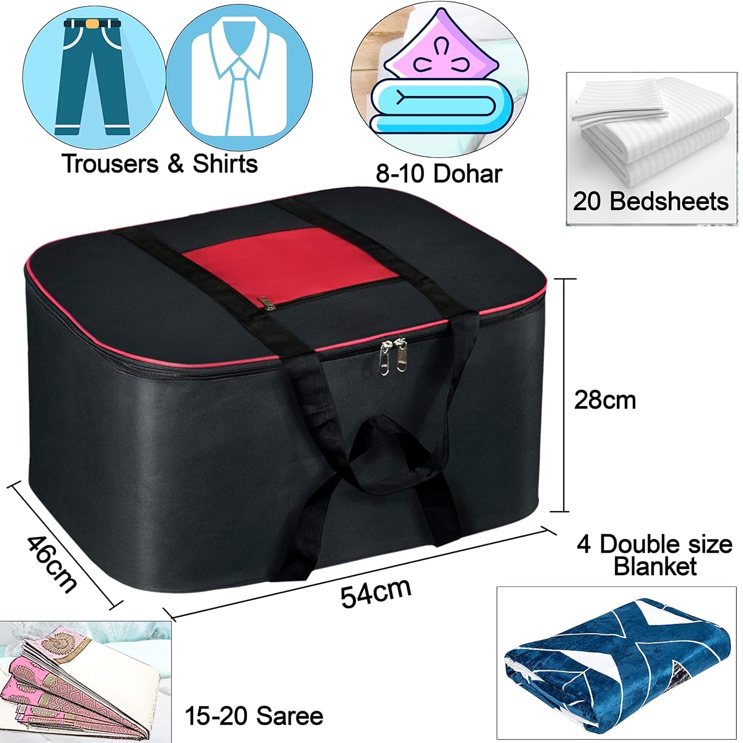 Sndia 3 Pack Nylon Big Underbed Storage Bag Moisture Proof Cloth Organiser With Zippered Closure And Handle(Blackred, 54X46X28Cm