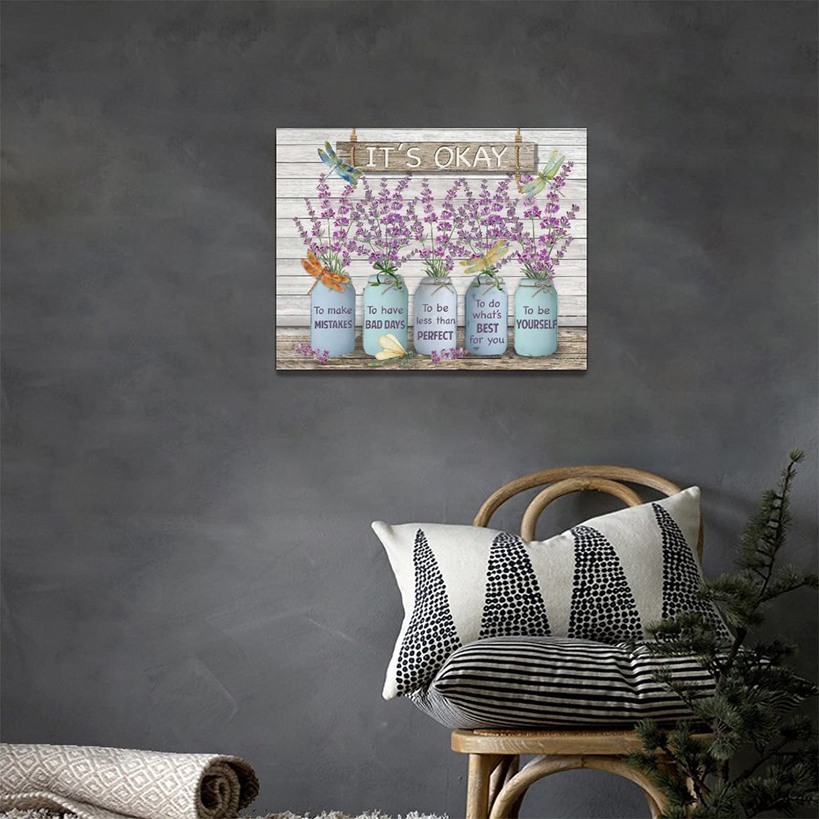 Purple Lavender Bathroom Decor Wall Art Lavender Flowers Dragonfly Picture Wall Decor It'S Okay Inspirational Quotes Canvas Pain