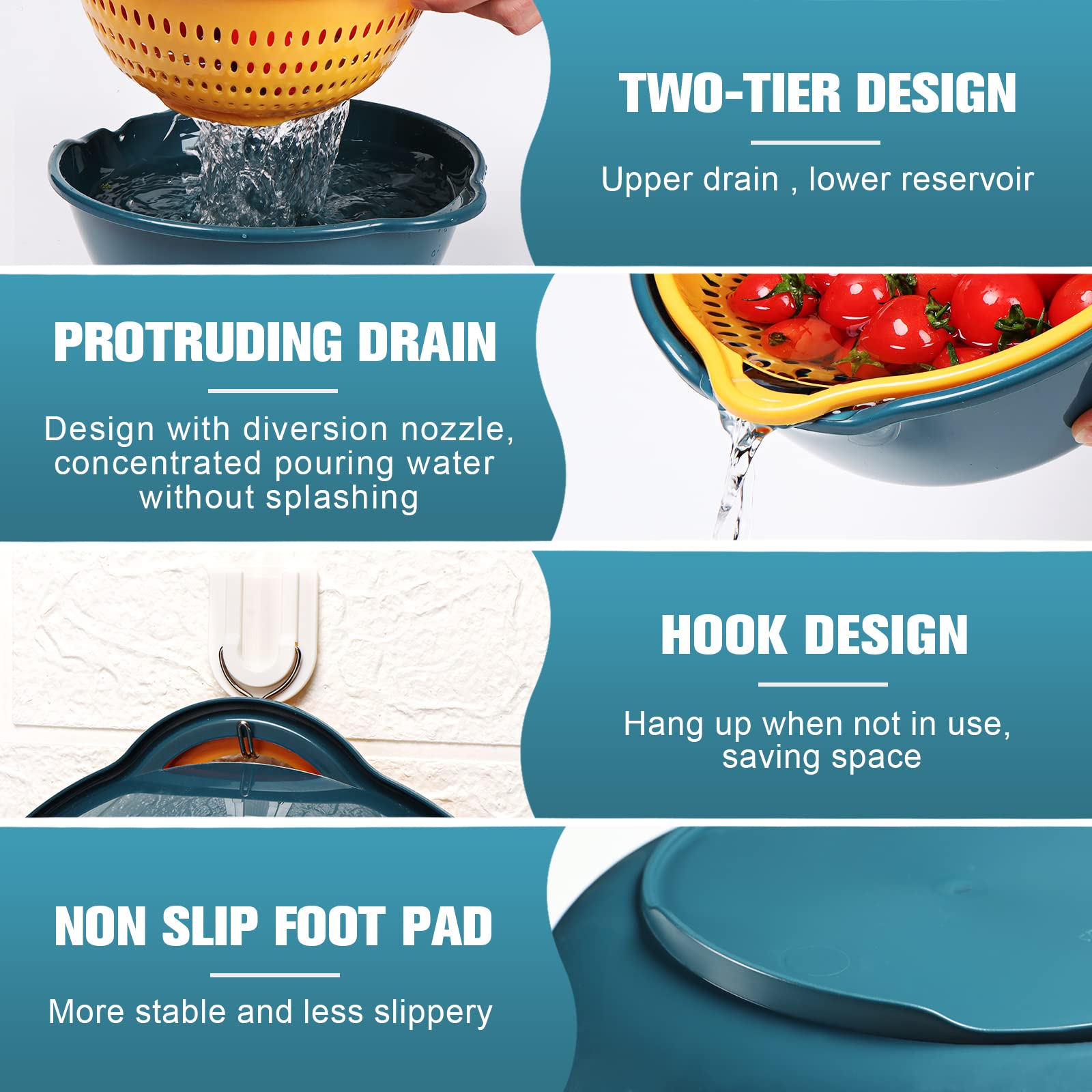 Lrecnom 6 Pieces Colander With Bowl, Food Strainer For Pasta Veggies And Fruits, Bpa Free, Dishwasher Safe (Blue)