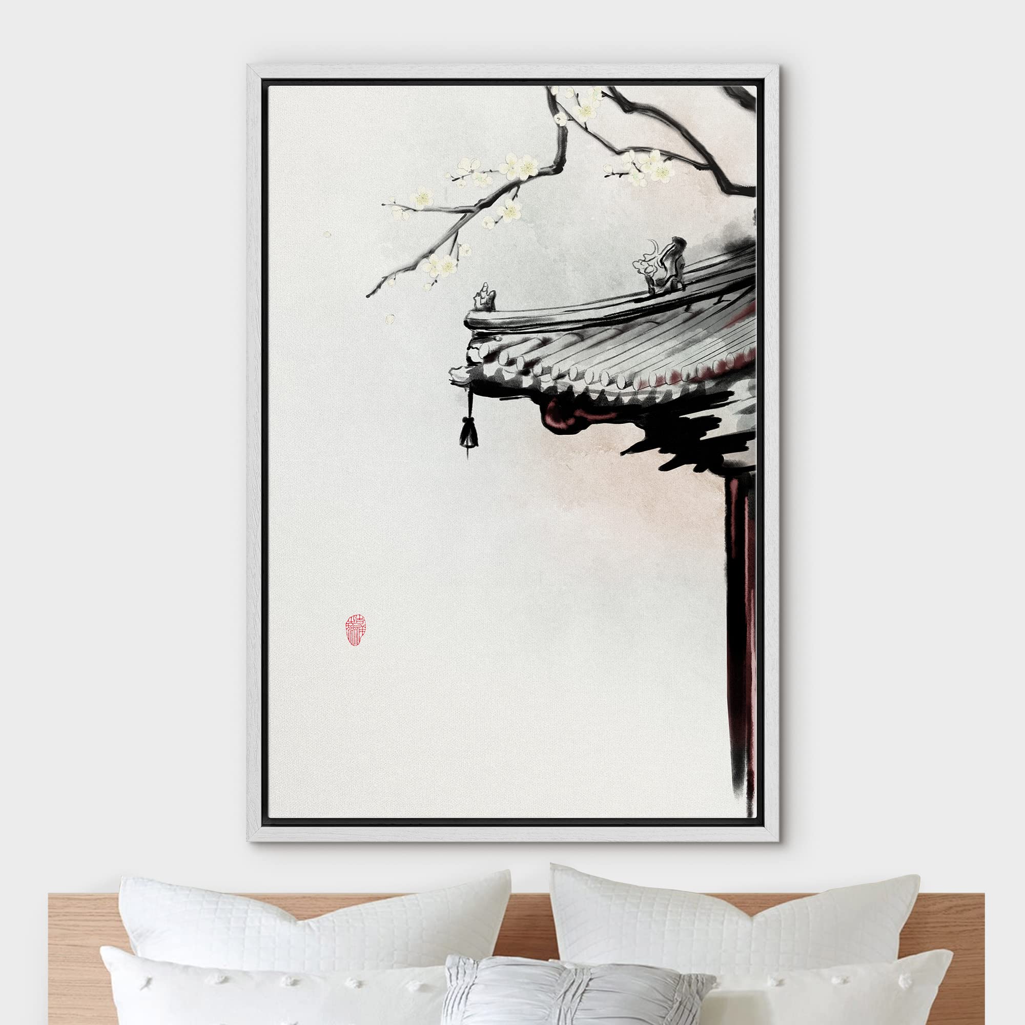 NWT Framed Canvas Print Wall Art Japanese Style Pagoda Roof with White Blossoms Floral Plants Illustrations Modern Art Rustic Scenic Colorful Pastel for Living Room  Bedroom  Office - 16''x24'' White