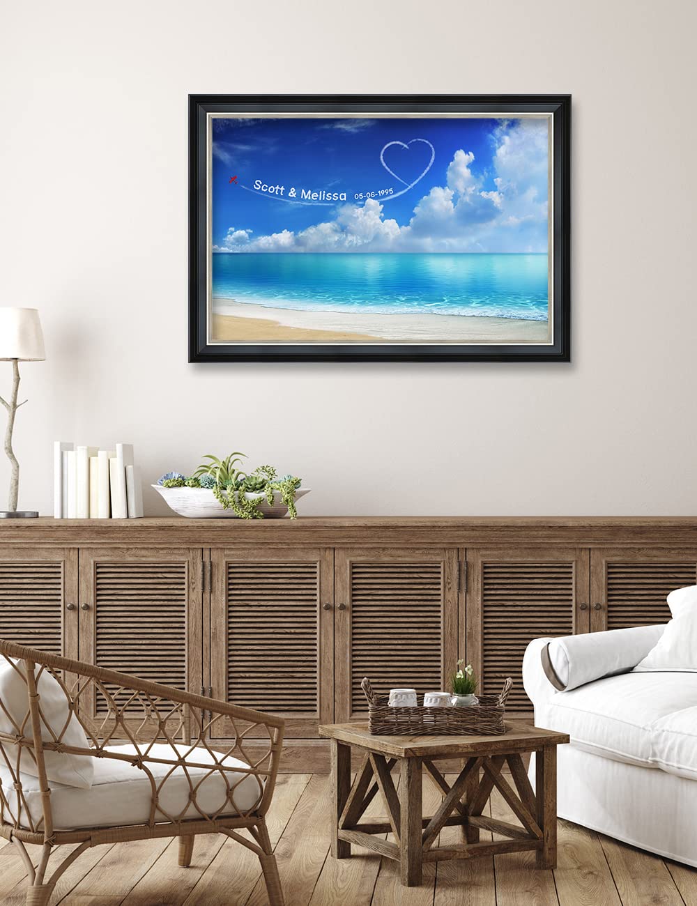 Ipic - Seaside Skywriting, Personalized Ideal Gift Custom Framed Wall Art With Names And Date, Giclee Prints With Solid Wood Fra