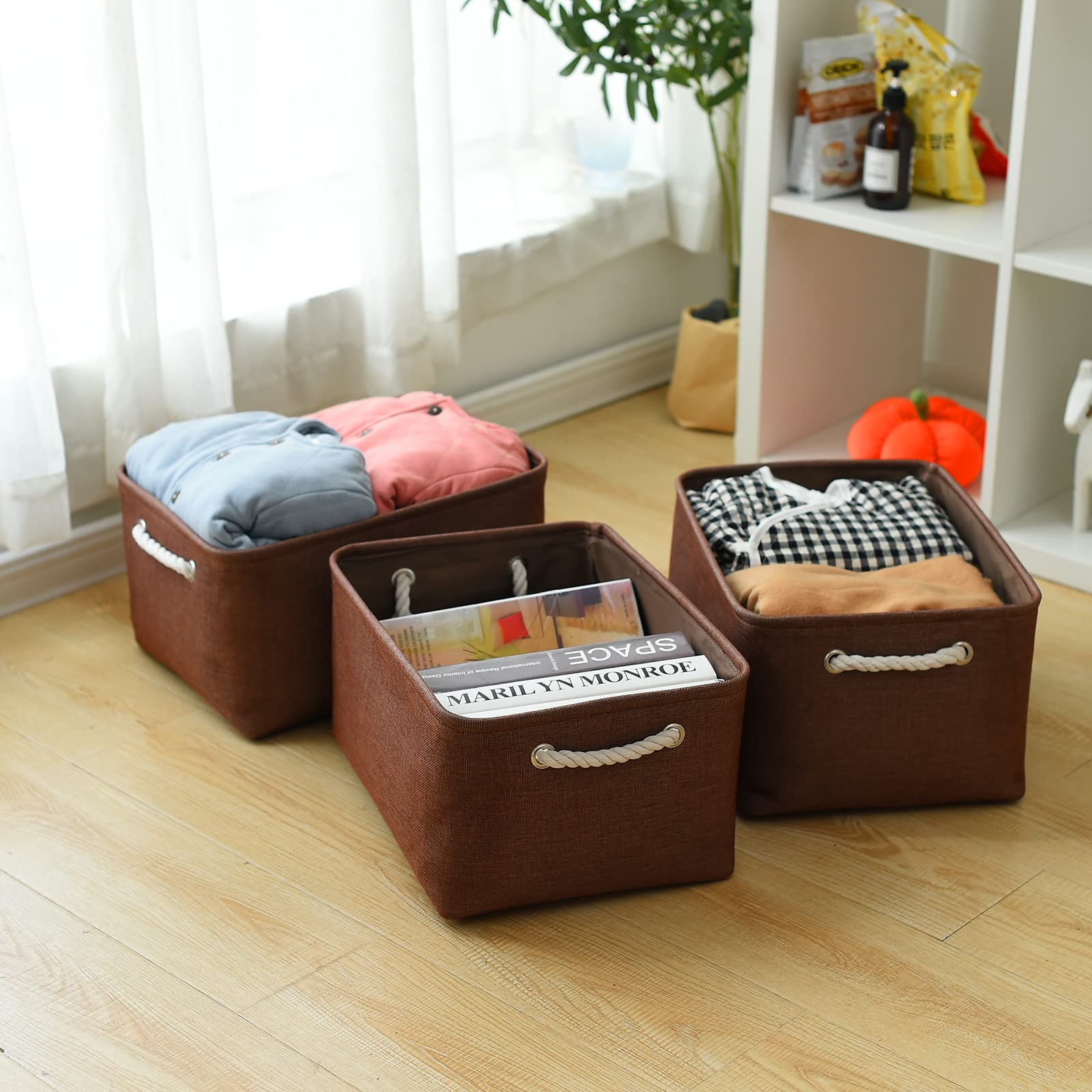 Thewarmhome Decorative Basket Rectangular Fabric Storage Bin Organizer Basket With Handles For Clothes Storage (Brown,Large-3Pac