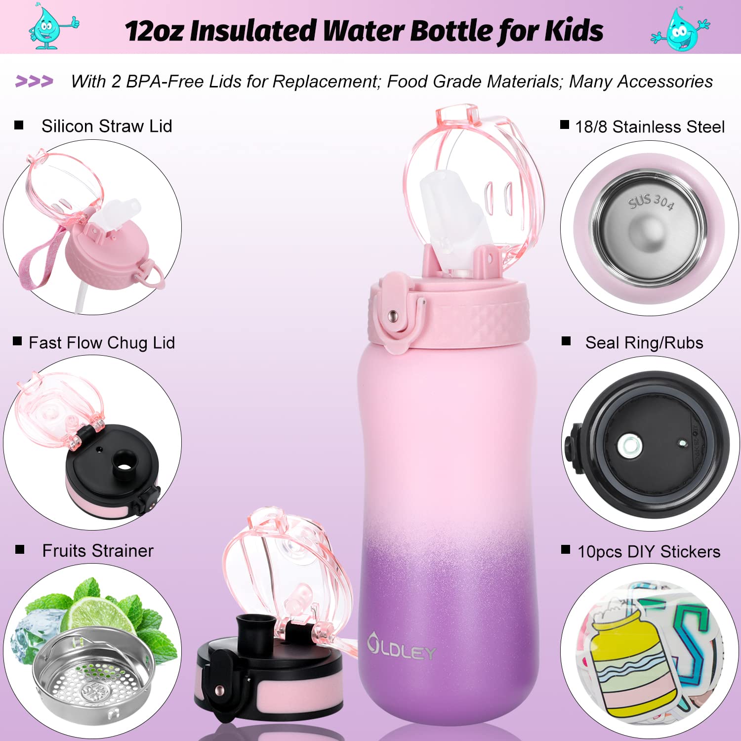 Oldley Insulated Water Bottle 12Oz Kids Water Bottles With Straw, Stainless Steel Water Bottle With 2 Lids,Double Wall Vacuum Bo