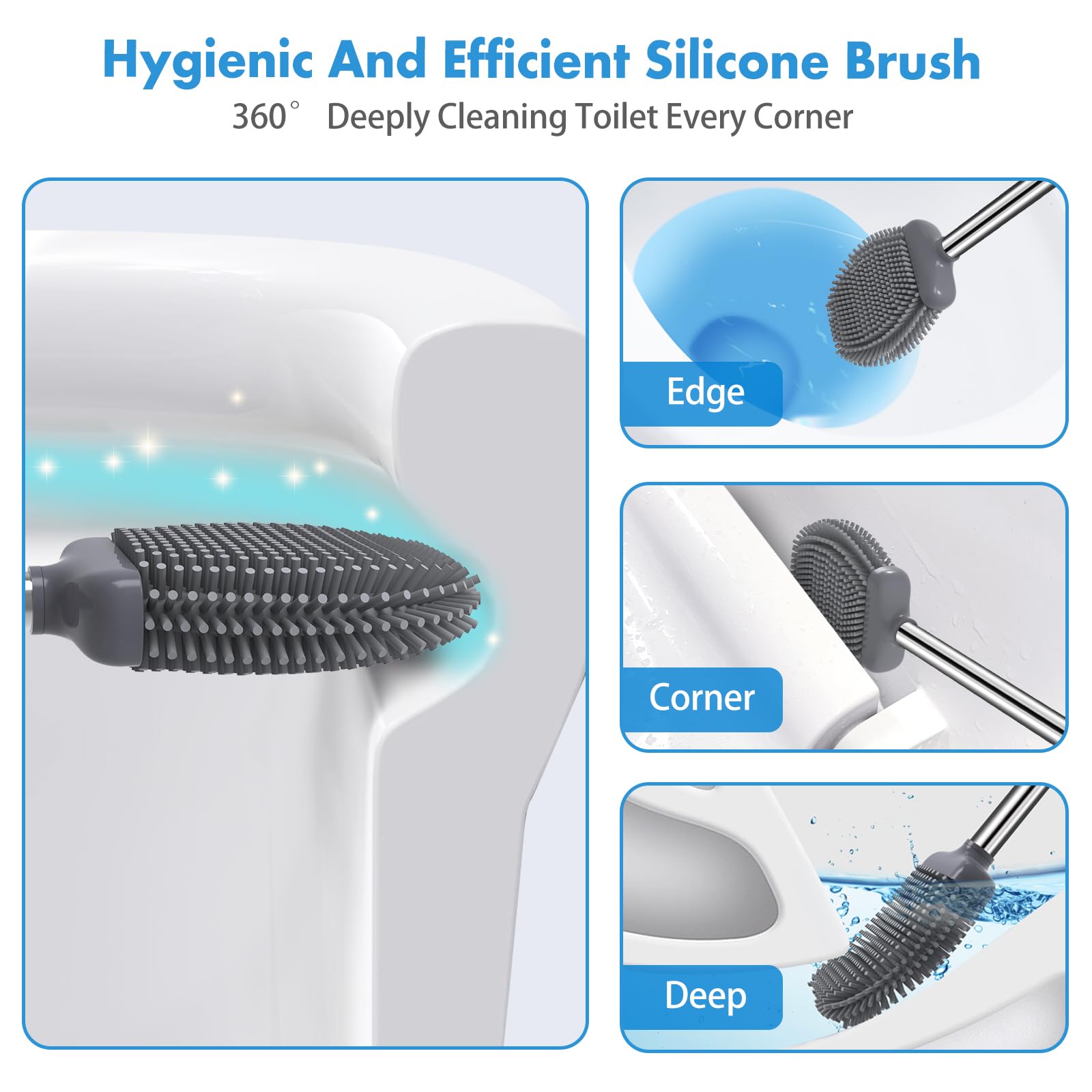 Toilet Brush, Silicone Toilet Brush And Holder, Flexible Toilet Bowl Brush Head With Ventilated Holder, Wall Mounted Compact Toi