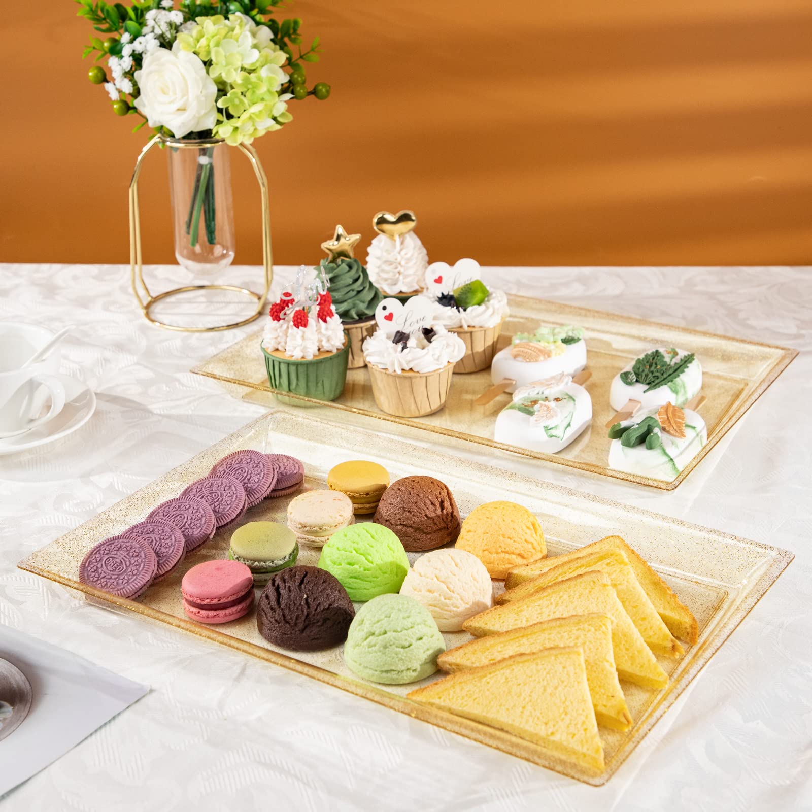 I00000 6 Pack Gold Glitter Plastic Serving Tray, 15'' X 10'' Crooked Food Trays, Clear Disposable Serving Platter For Parties, W