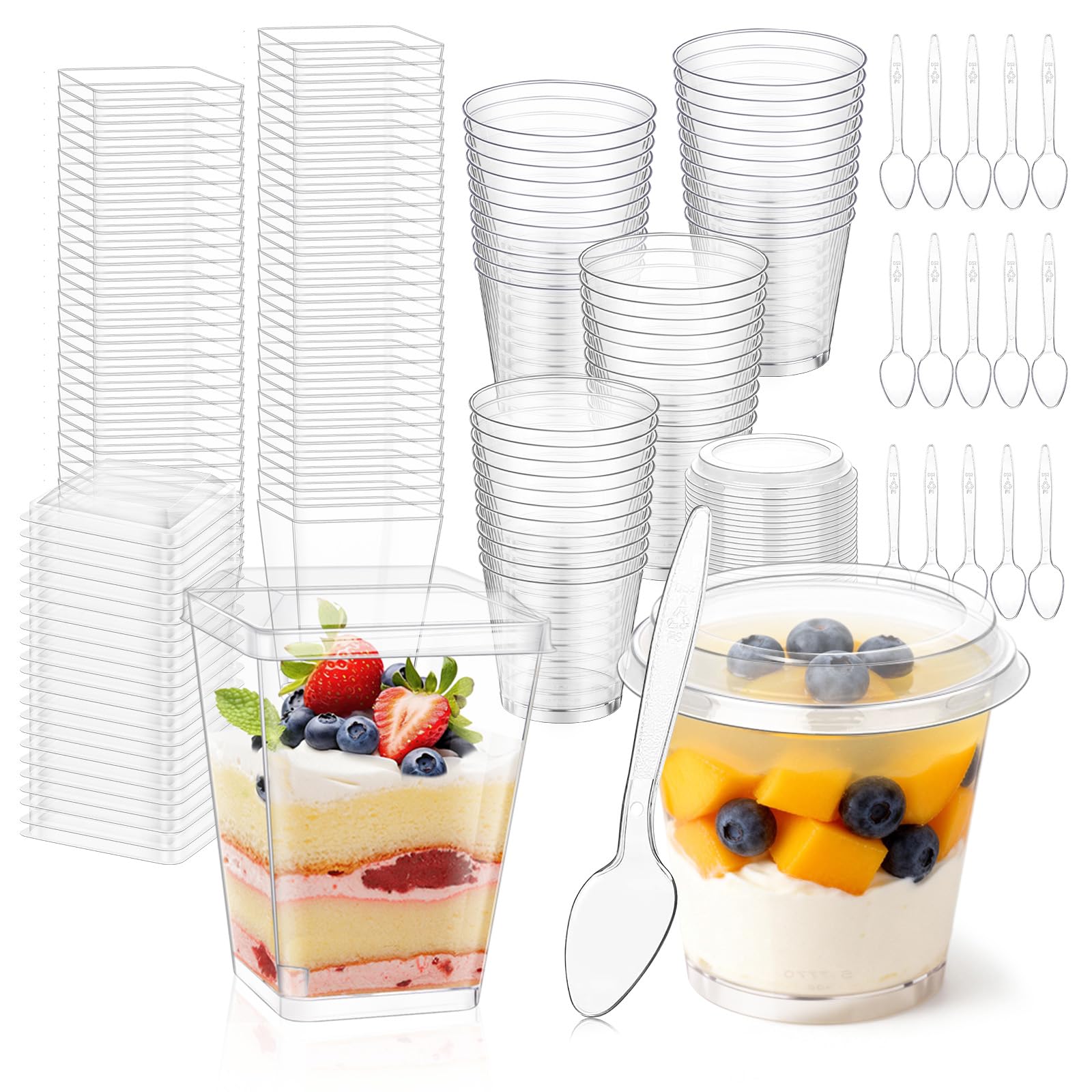 Mwellewm 300 Pcs Dessert Cups with Lids, 5 OZ Clear Parfait Cups with Spoons Small 6 OZ Plastic Desert Cups Mini Shooter Cups fo