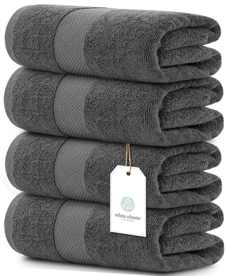 White Classic Luxury Bath Towels Extra Large - Cotton Hotel spa Bathroom Towel 30x56  4 Pack  Dark Gray