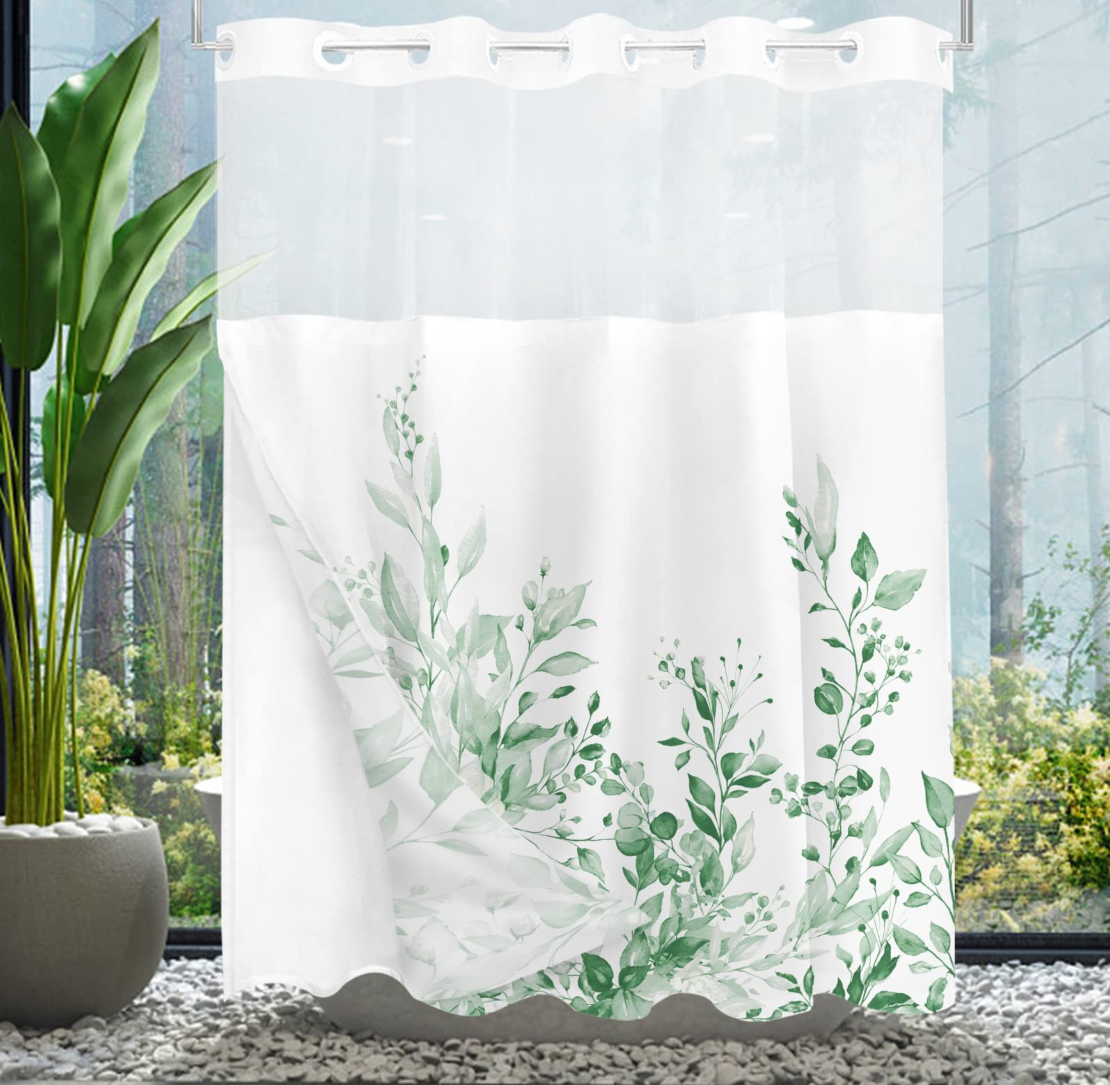 Tititex No Hooks Snap In Liner Mint Bright Green Eucalyptus Leaves Shower Curtain Sets, Hotel Luxury Double Layers Waterproof Fa