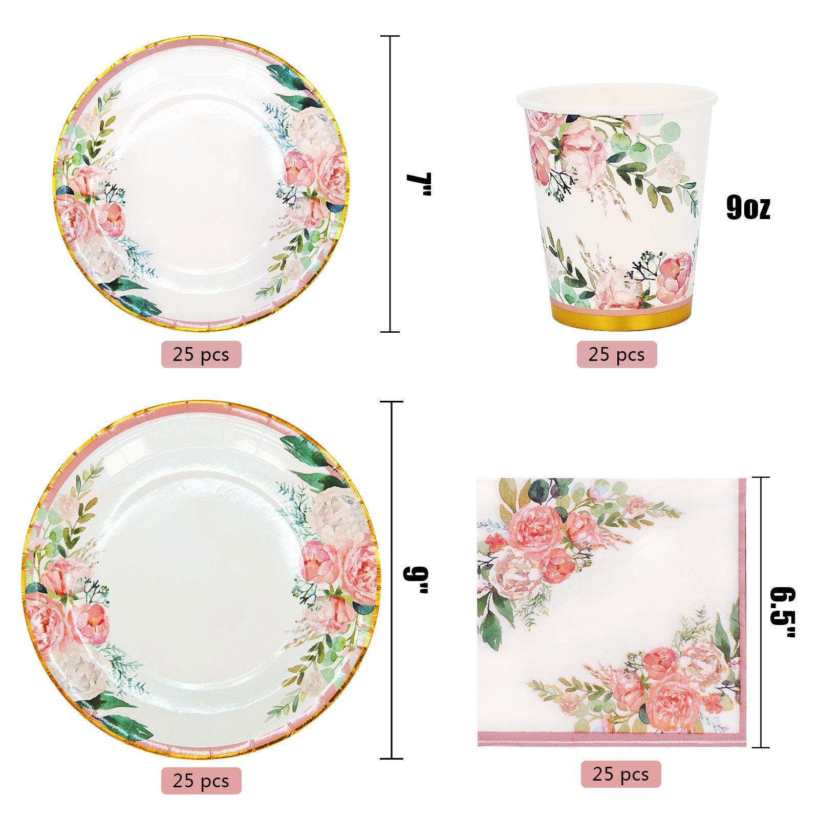 Boosolo Floral Party Supplies paper plates and Napkins Sets for 24 Guest-Include Floral Disposable Paper Plates Cups Napkin forr Bridal Shower Birthday Wedding Bachelorette party Supplies