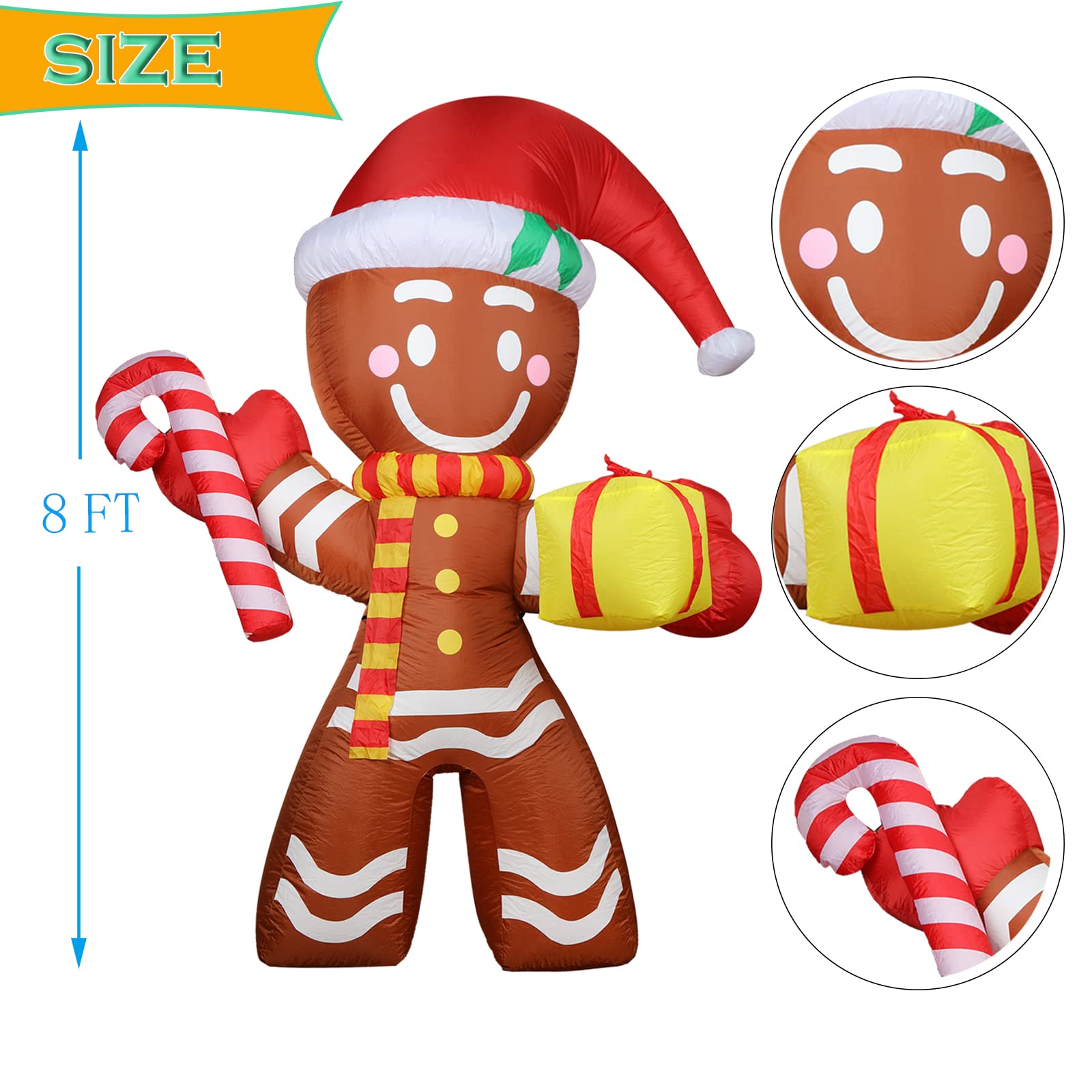 Kerithsoco 8FT Inflatable Gingerbread Man Outdoor Christmas Decoration,Built-in LED Lights Blow Up for Yard, Gardern, Lawn, Indo